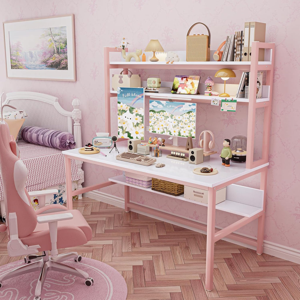 Aquzee Pink Girls Desk with Hutch, 55in Computer Desk with Bookshelf for Teens Adults, Craft Table for Bedroom Kids Room, White Pink Study Table with Shelves for Storage