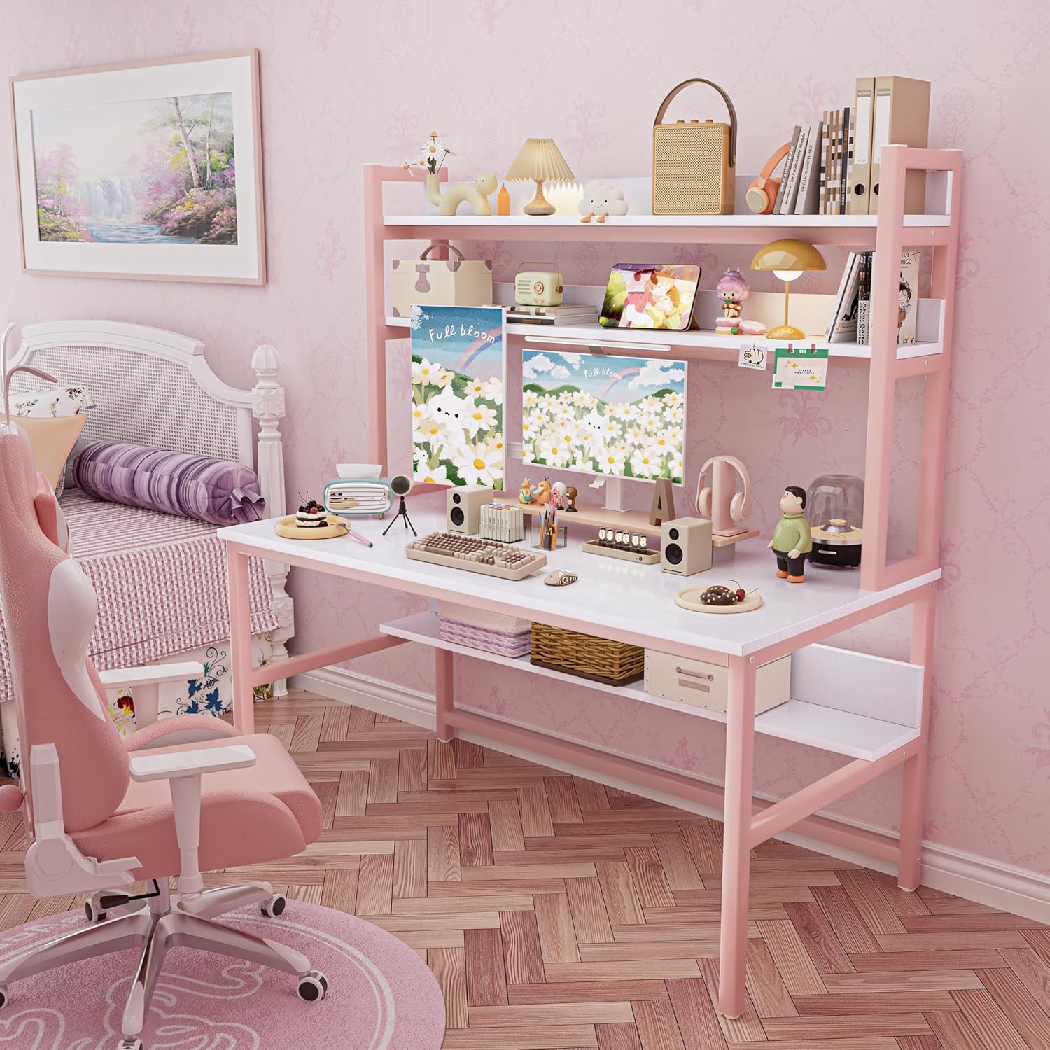 Aquzee Pink Girls Desk with Hutch, 55in Computer Desk with Bookshelf for Teens Adults, Craft Table for Bedroom Kids Room, White Pink Study Table with Shelves for Storage