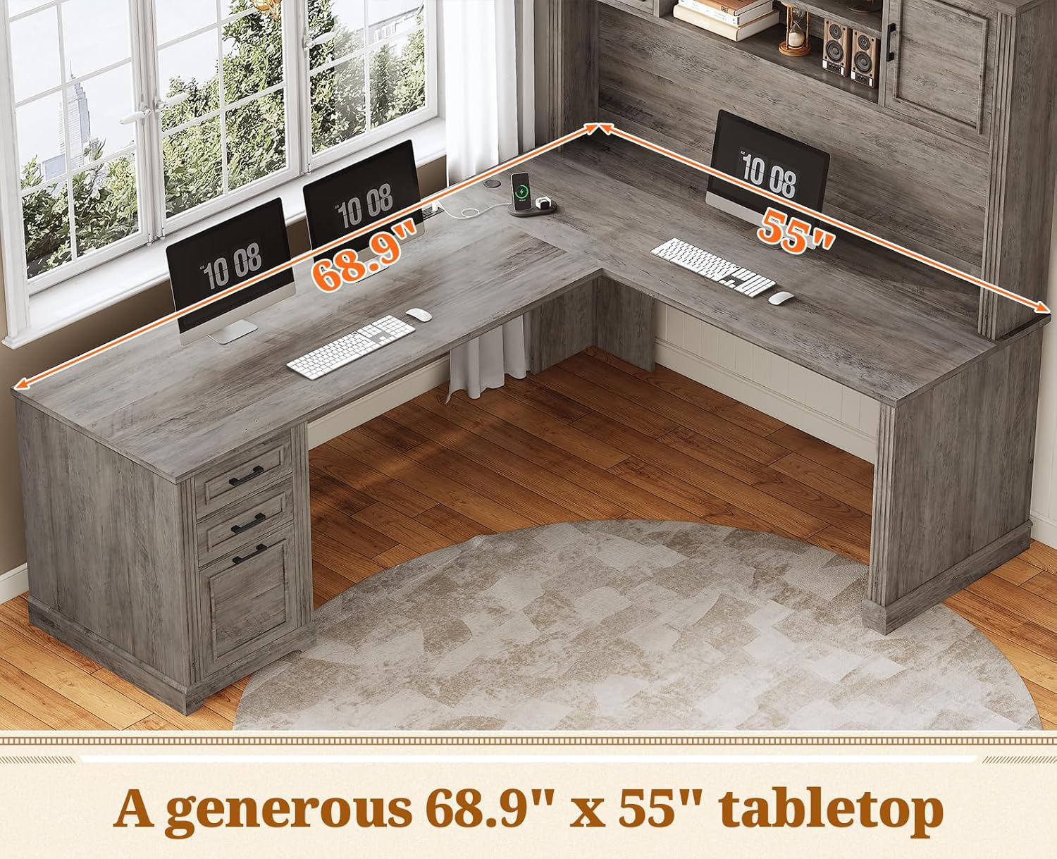 SEDETA Farmhouse L Shaped Desk with Hutch and 3 Drawers, 68.9' Executive Office Desk with File Drawer and Power Outlet, Corner Computer Desk with Storage Shelves for Home Office (Grey)
