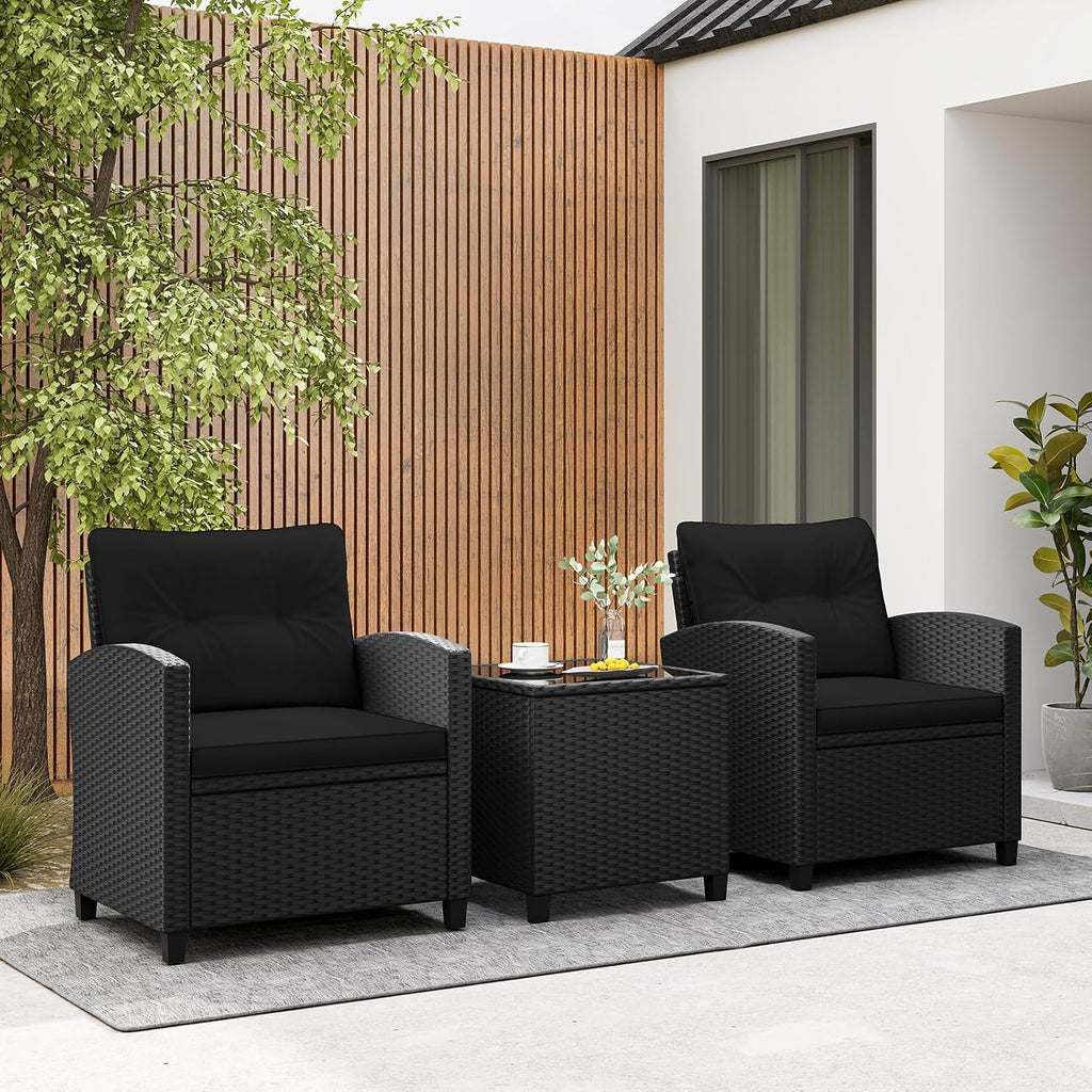 RELAX4LIFE 3-Piece Patio Furniture Set - Wicker Rattan Bistro Sofa Set with Glass Top Coffee Table, Washable Cushions for Porch, Balcony, Backyard, Poolside, Outdoor Conversation Set (Black)