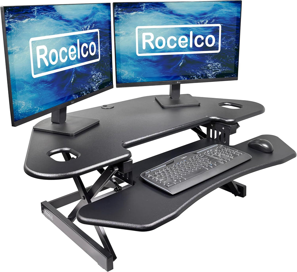 Rocelco 46' Height Adjustable Corner Standing Desk Converter - Quick Sit Stand Up Dual Monitor Riser - Gas Spring Assist Tabletop Computer Workstation - Large Keyboard Tray - Black (R CADRB-46)