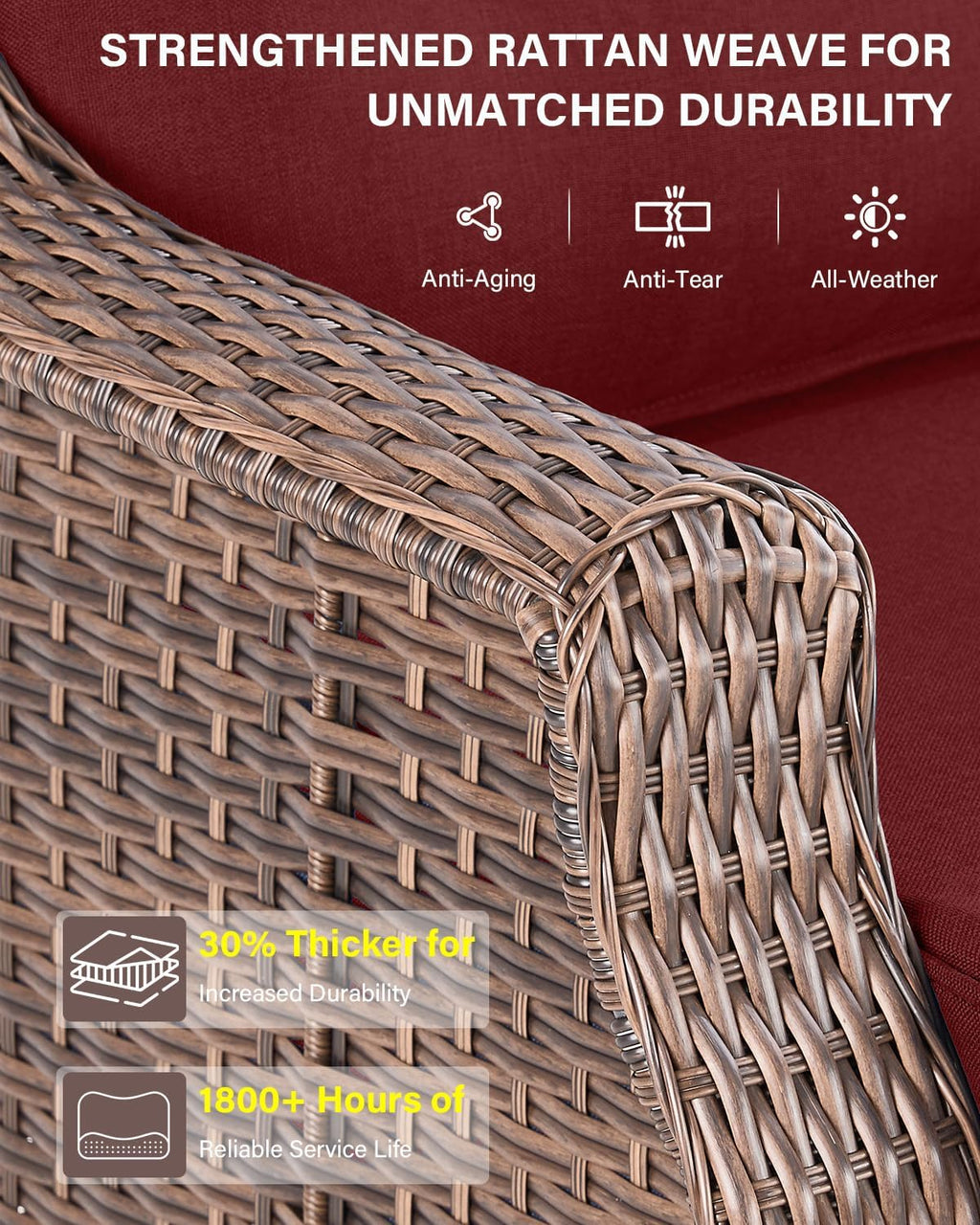 Belord Luxury Wicker Patio Furniture Set with 41' Fire Pit Table - Swivel Rocker Glider Outdoor Chairs with Sofa and Glass Top Side Table, All-Weather Removable 6' Red Seat Cushion for Patio Evenings