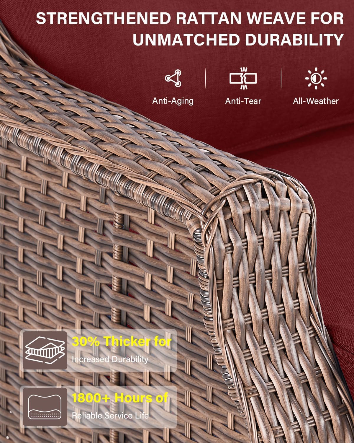 Belord Luxury Wicker Patio Furniture Set with 41' Fire Pit Table - Swivel Rocker Glider Outdoor Chairs with Sofa and Glass Top Side Table, All-Weather Removable 6' Red Seat Cushion for Patio Evenings