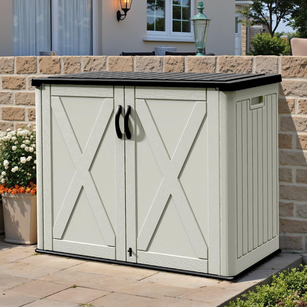 Patiowell 25 Cu.ft Outdoor Storage Cabinet with Lockable Door, Waterproof Horizontal Storage Shed for Tools and Patio Furniture, All-Weather Resin Shed Easy Assemble for Pool or Backyards, Brown