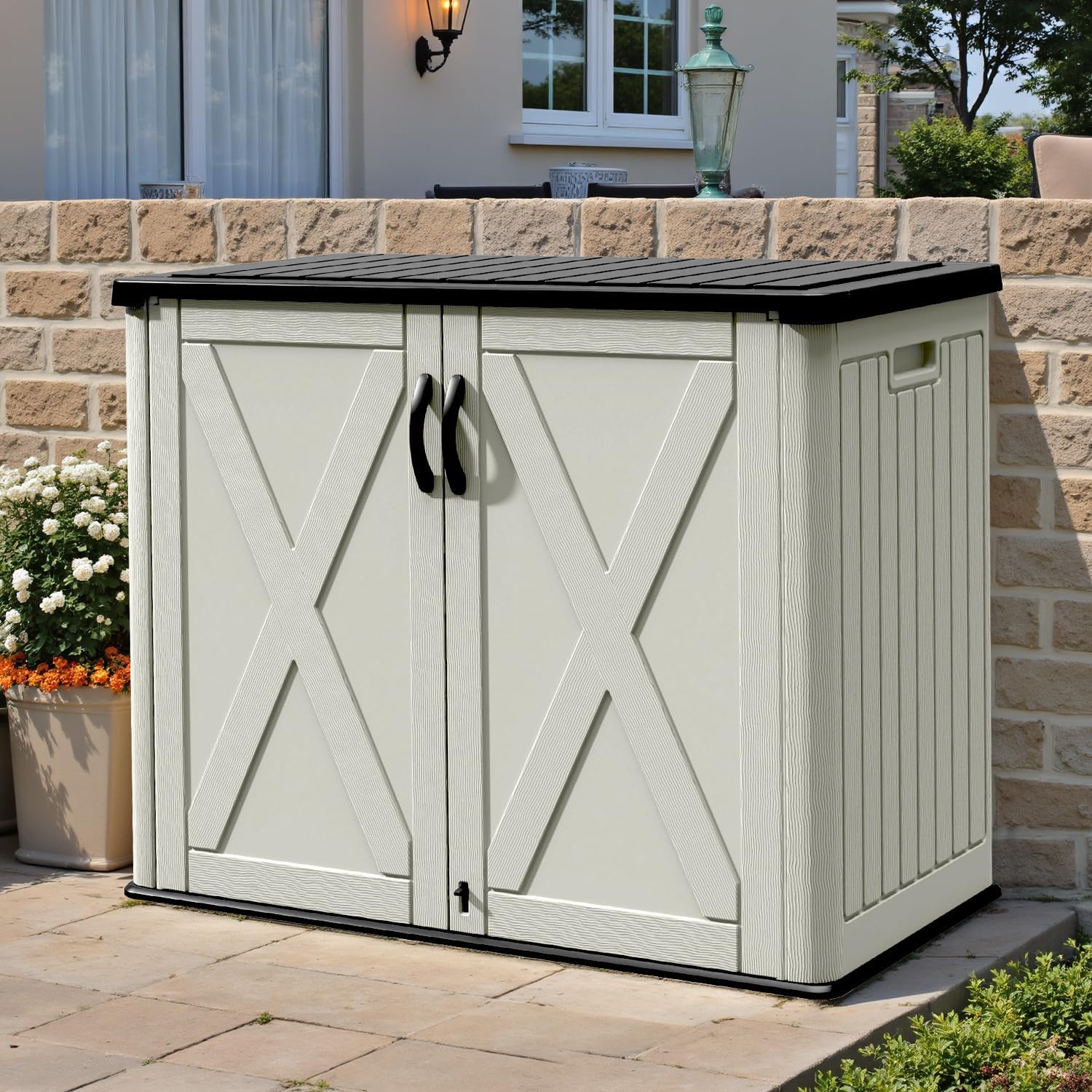 Patiowell 25 Cu.ft Outdoor Storage Cabinet with Lockable Door, Waterproof Horizontal Storage Shed for Tools and Patio Furniture, All-Weather Resin Shed Easy Assemble for Pool or Backyards, Brown