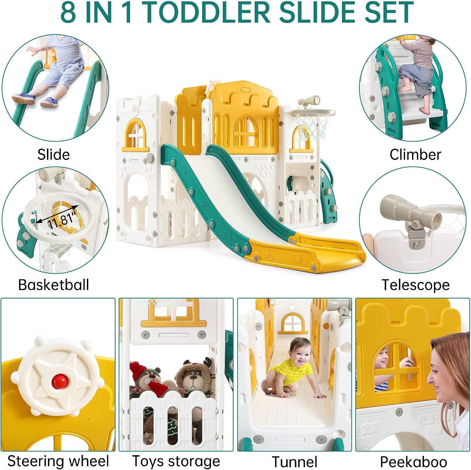 Garvee Toddler Slide 8 in 1 Toddler Playset for Toddlers Age 1-3, Baby Playset for Indoor Outdoor Playground with Climber, Crawling Tunnel, Basketball Hoop, Telescope, Toy Storage
