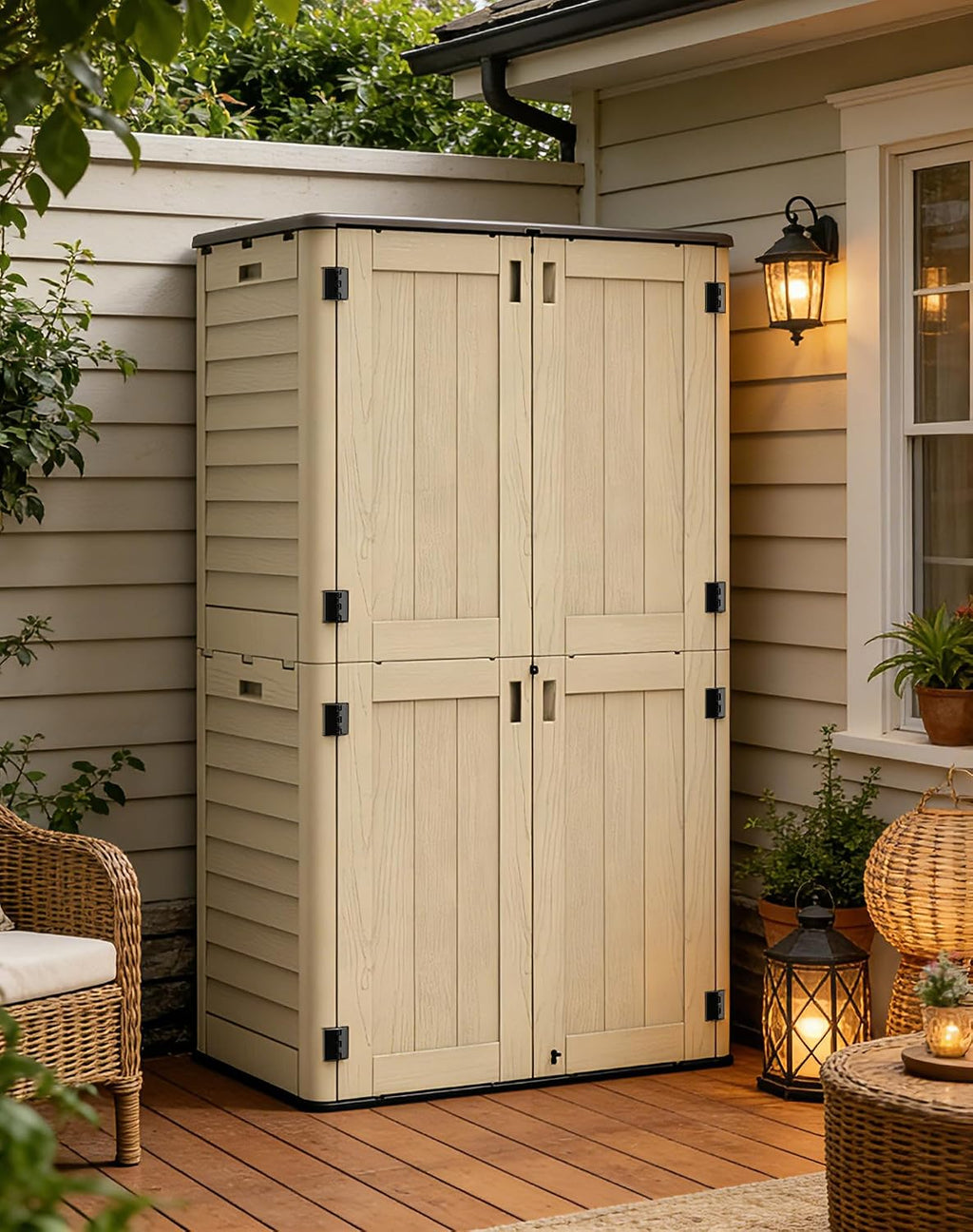 Tall Vertical Outdoor Storage Shed, 60 Cu Ft Waterproof Resin Storage Cabinet with Floor, All-Weather Garden Shed for Garage, Patio, Backyard, Porch (Khaki)