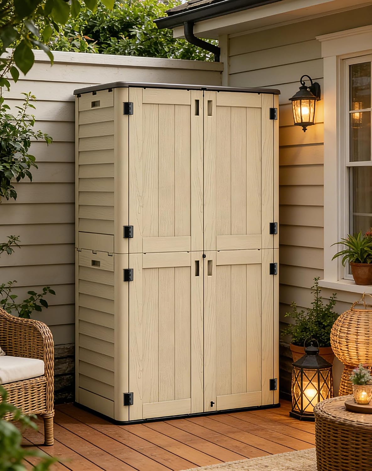Tall Vertical Outdoor Storage Shed, 60 Cu Ft Waterproof Resin Storage Cabinet with Floor, All-Weather Garden Shed for Garage, Patio, Backyard, Porch (Khaki)