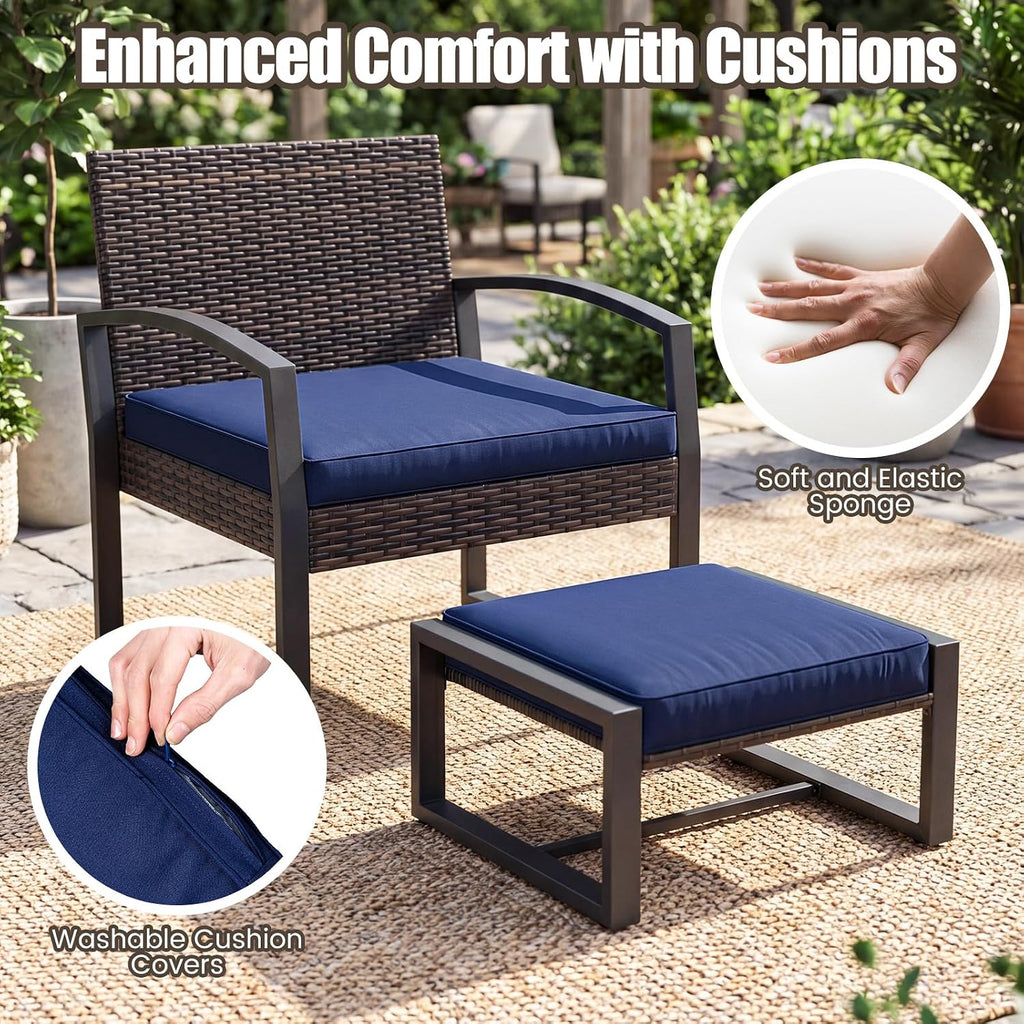 Tangkula 5 Pieces Wicker Patio Conversation Set, Outdoor PE Rattan Chair with Ottoman Set with Glass Side Table, 2-Person Small Balcony Furniture Seating Set with Cushions for Porch, Backyard, Deck