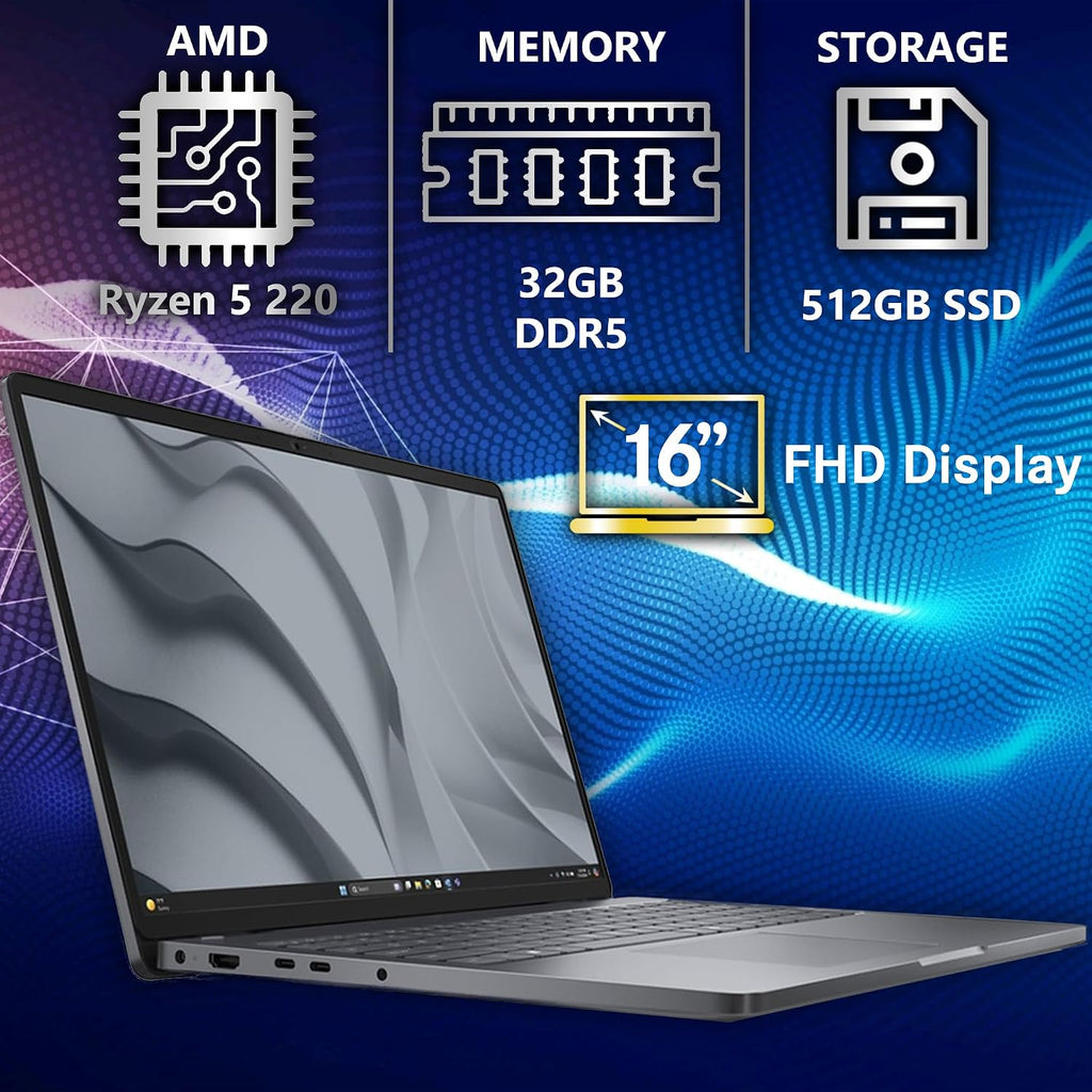 Dell Pro 16 FHD+ 16' (Replaces Latitude 3550), AMD Ryzen 5 220, 32GB DDR5 RAM, 512GB SSD, Backlit Keyboard, WiFi 6E + BT, RJ-45, HDMI, HD Webcam, W11P, Business Laptop, Black