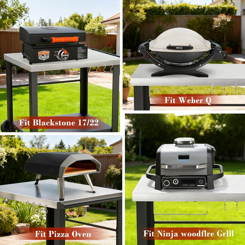 34' x 24' Movable Stainless Steel Flattop Grill Cart for Ninja Woodfire & Blackstone Griddles, Pizza Oven Table for Outside, Extra-Wide Stainless Steel Cart with Wheels for Kitchen Food Prep Table