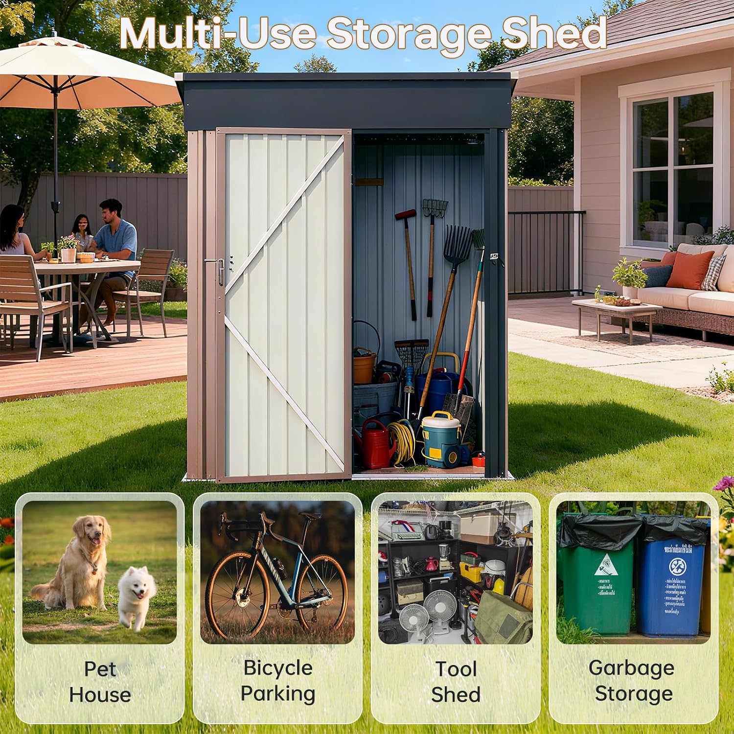 5x3FT Outdoor Storage Shed, Metal Garden Tool Shed with Sloping Roof & Lockable Door for Patio Lawn Backyard (Brown, 5x3FT)