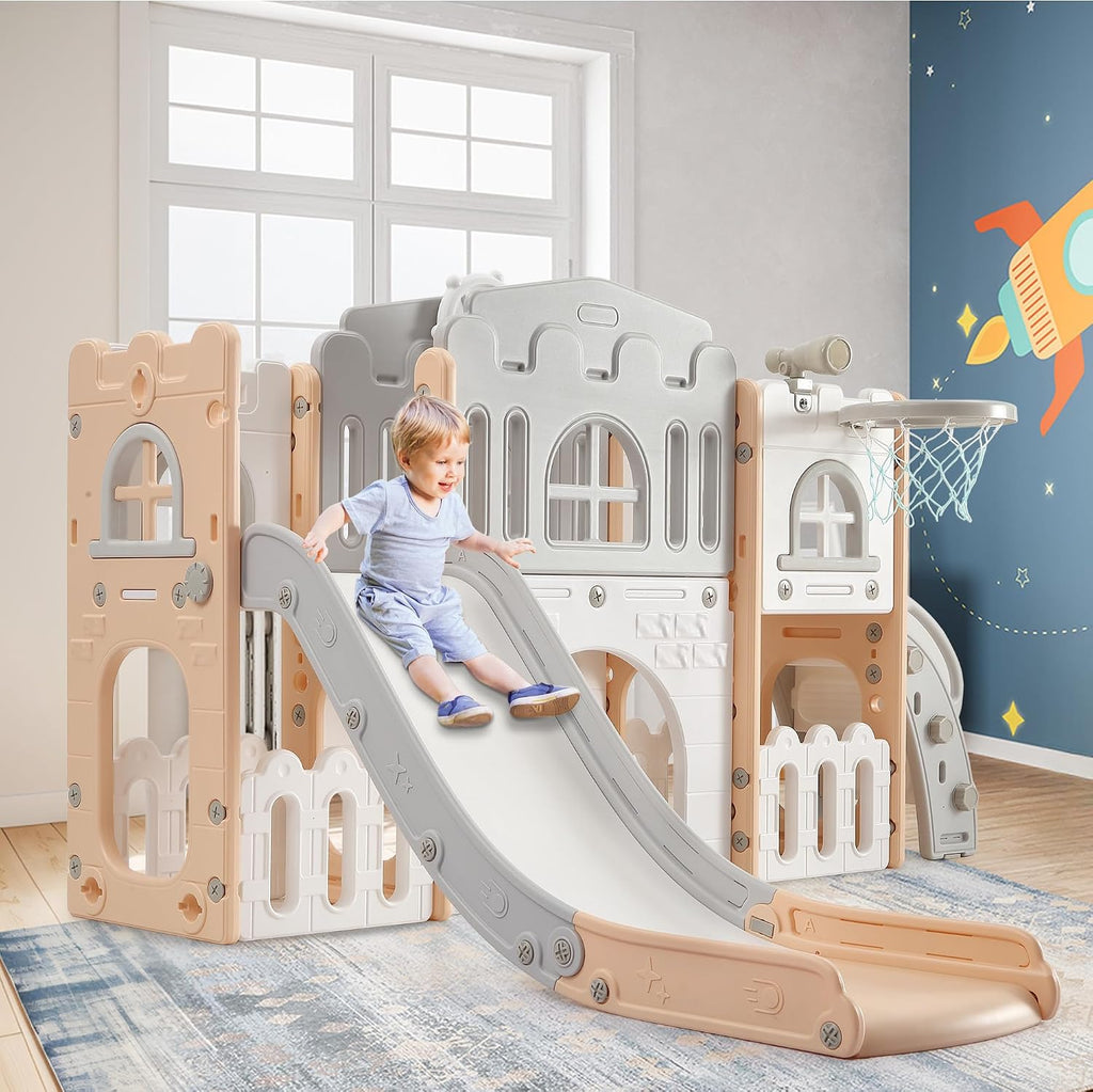 Garvee Toddler Slide 8 in 1 Toddler Playset for Toddlers Age 1-3, Baby Playset for Indoor Outdoor Playground with Climber, Crawling Tunnel, Basketball Hoop, Telescope, Toy Storage