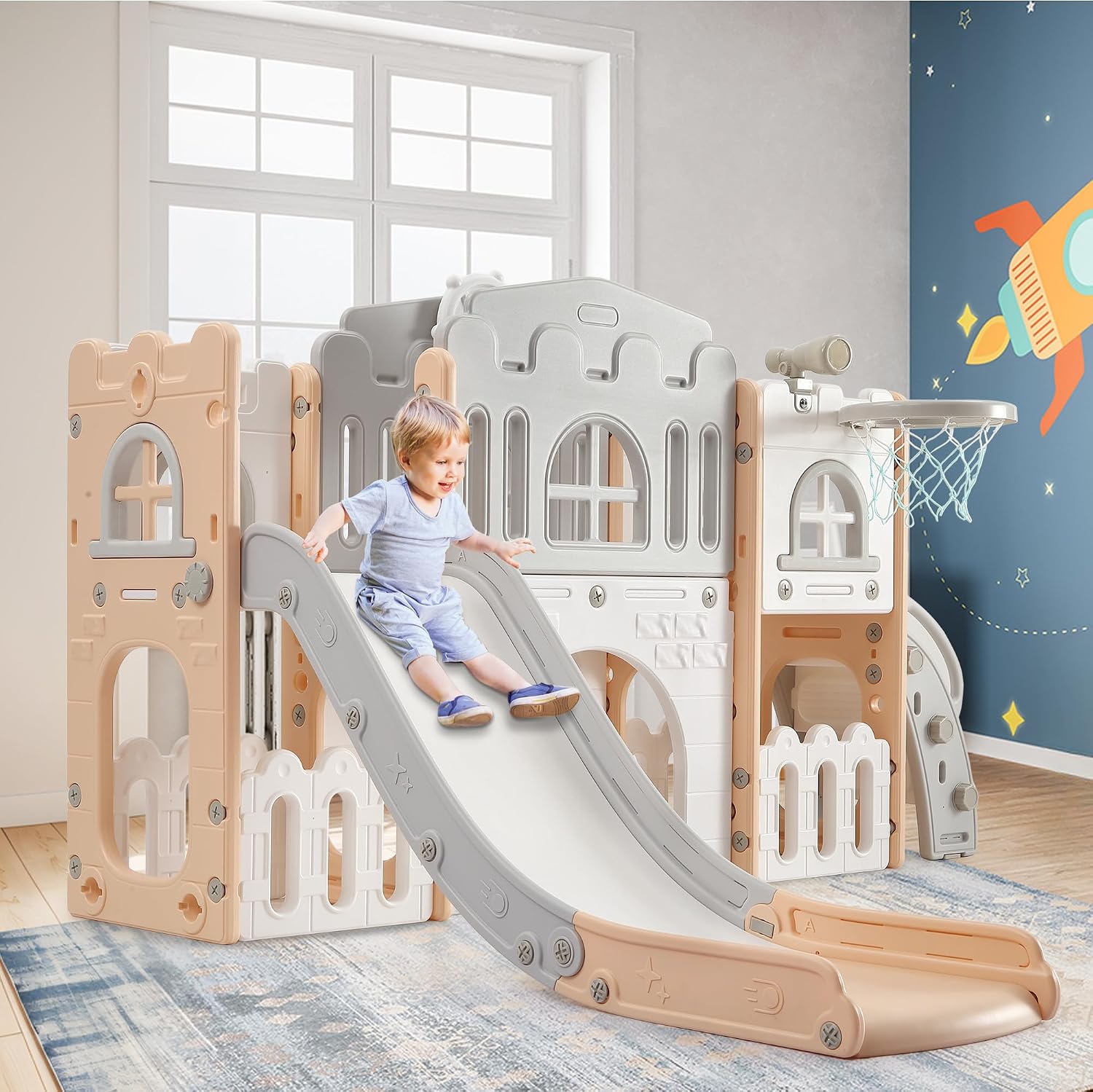 Garvee Toddler Slide 8 in 1 Toddler Playset for Toddlers Age 1-3, Baby Playset for Indoor Outdoor Playground with Climber, Crawling Tunnel, Basketball Hoop, Telescope, Toy Storage