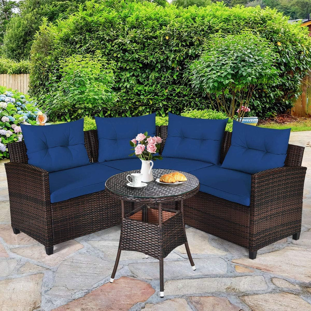 HAPPYGRILL 4 Pieces Rattan Patio Conversation Set, Outdoor Wicker Furniture Set with Cushioned Sofas and Coffee Table, L-Shape Sectional Curved Sofa Set for Garden Poolside Balcony