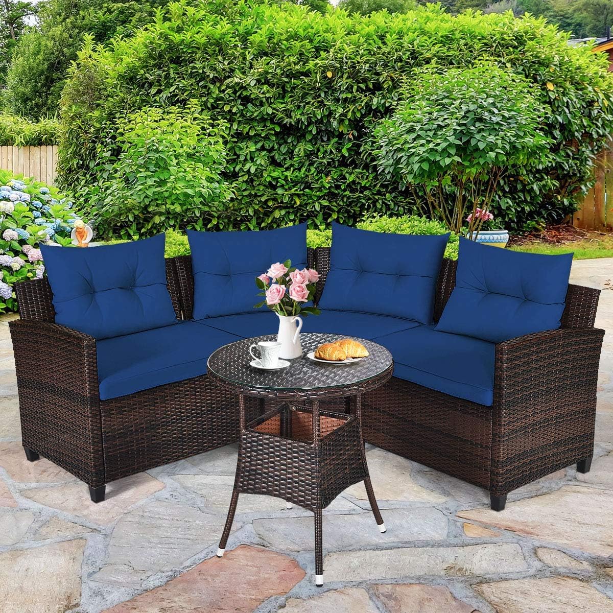 HAPPYGRILL 4 Pieces Rattan Patio Conversation Set, Outdoor Wicker Furniture Set with Cushioned Sofas and Coffee Table, L-Shape Sectional Curved Sofa Set for Garden Poolside Balcony