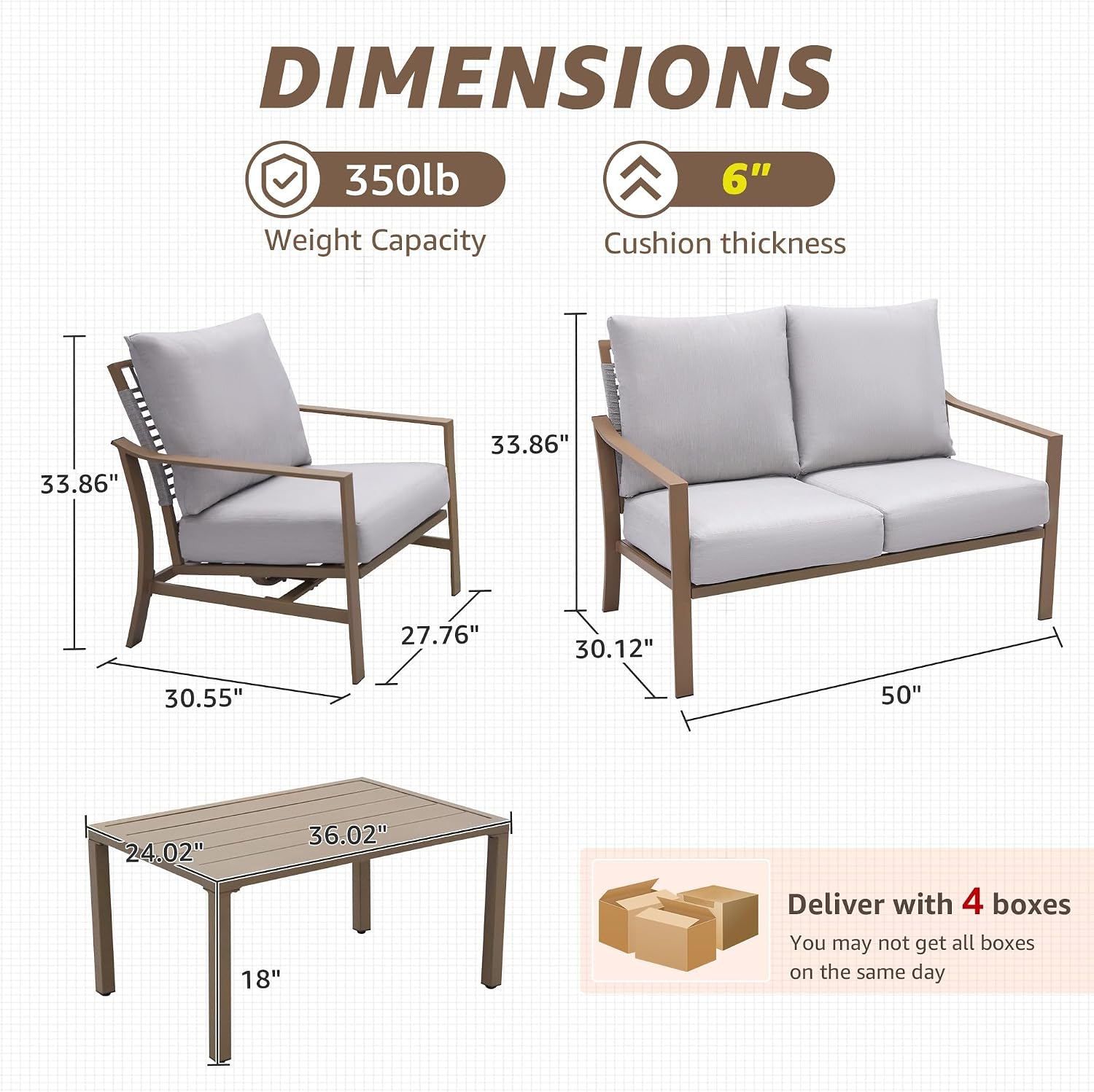 NATURAL EXPRESSIONS 4 Pieces Patio Furniture Sets, Modern Metal Outdoor Conversation Sets with High Back All Weather Hand-Woven Rope Rocking Chairs, Loveseat, Metal Table, 6' Thick Olefin Cushions