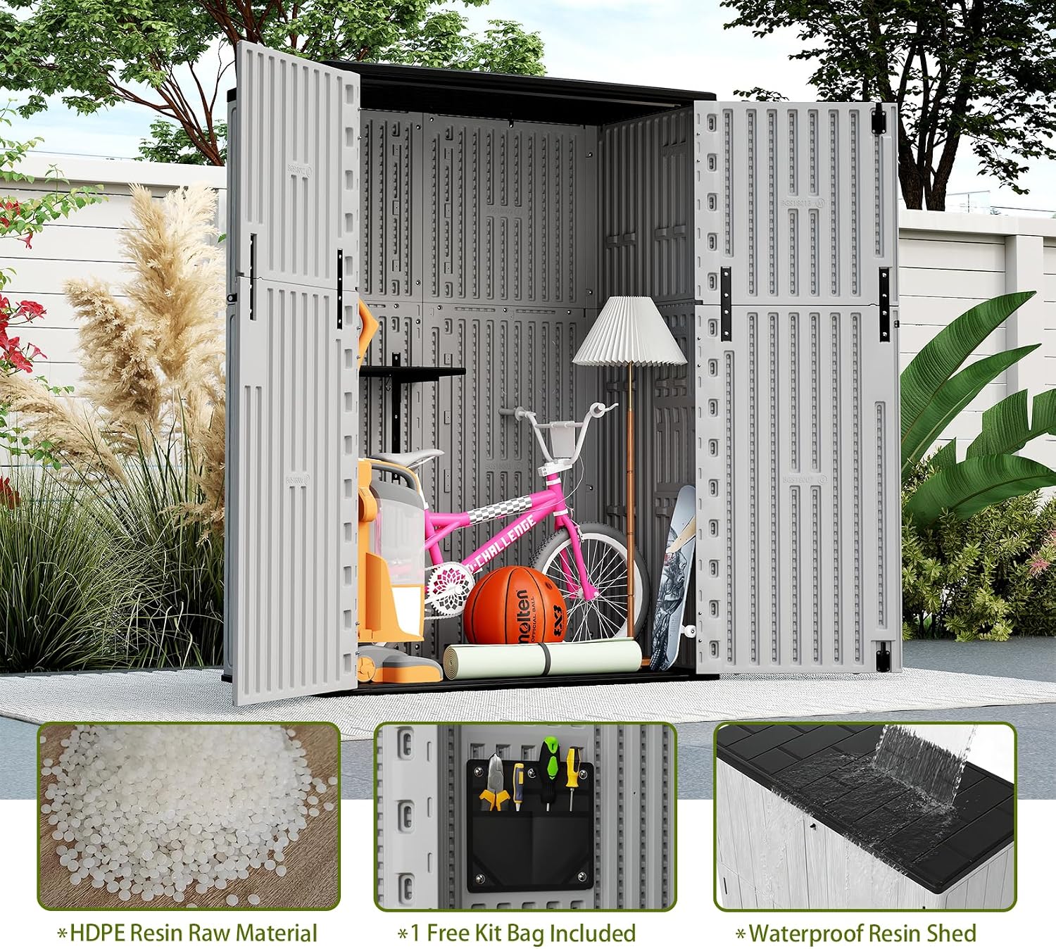 ZZM 57 Cu.ft Outdoor Storage Cabinet with One Tool Kit, Horizontal Storage Shed for Garage, Bike, Garbage Cans, Garden Accessories