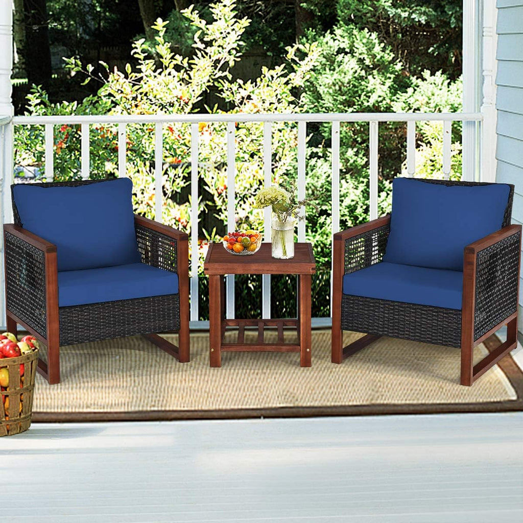 HAPPYGRILL 3 Pieces Outdoor Patio Furniture Set Wicker Chairs with Coffee Table, Balcony Porch Furniture Bistro Set with Acacia Wood Frame and Washable Cushions for Garden Poolside Backyard