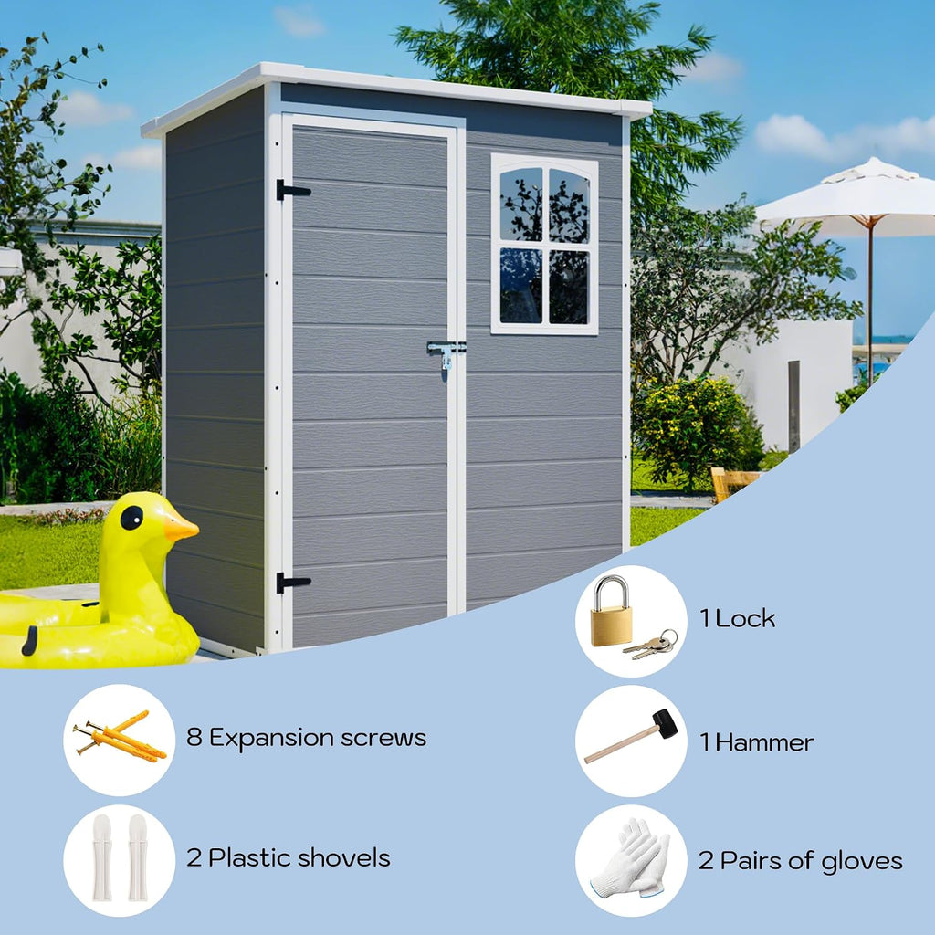 YOPTO 5x3ft Resin Outdoor Storage Shed Weather Resistant with Floor,Outdoor Resin Storage Shed W/Window,Garden Tool House W/Lockable Door,Pitched Roof & Drainage Holes,for Backyard,Patio,Lawn,Gray