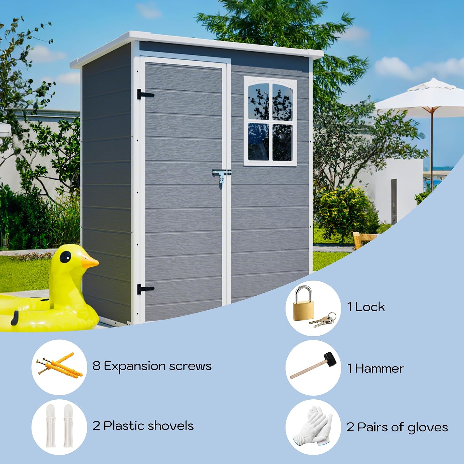 YOPTO 5x3ft Resin Outdoor Storage Shed Weather Resistant with Floor,Outdoor Resin Storage Shed W/Window,Garden Tool House W/Lockable Door,Pitched Roof & Drainage Holes,for Backyard,Patio,Lawn,Gray