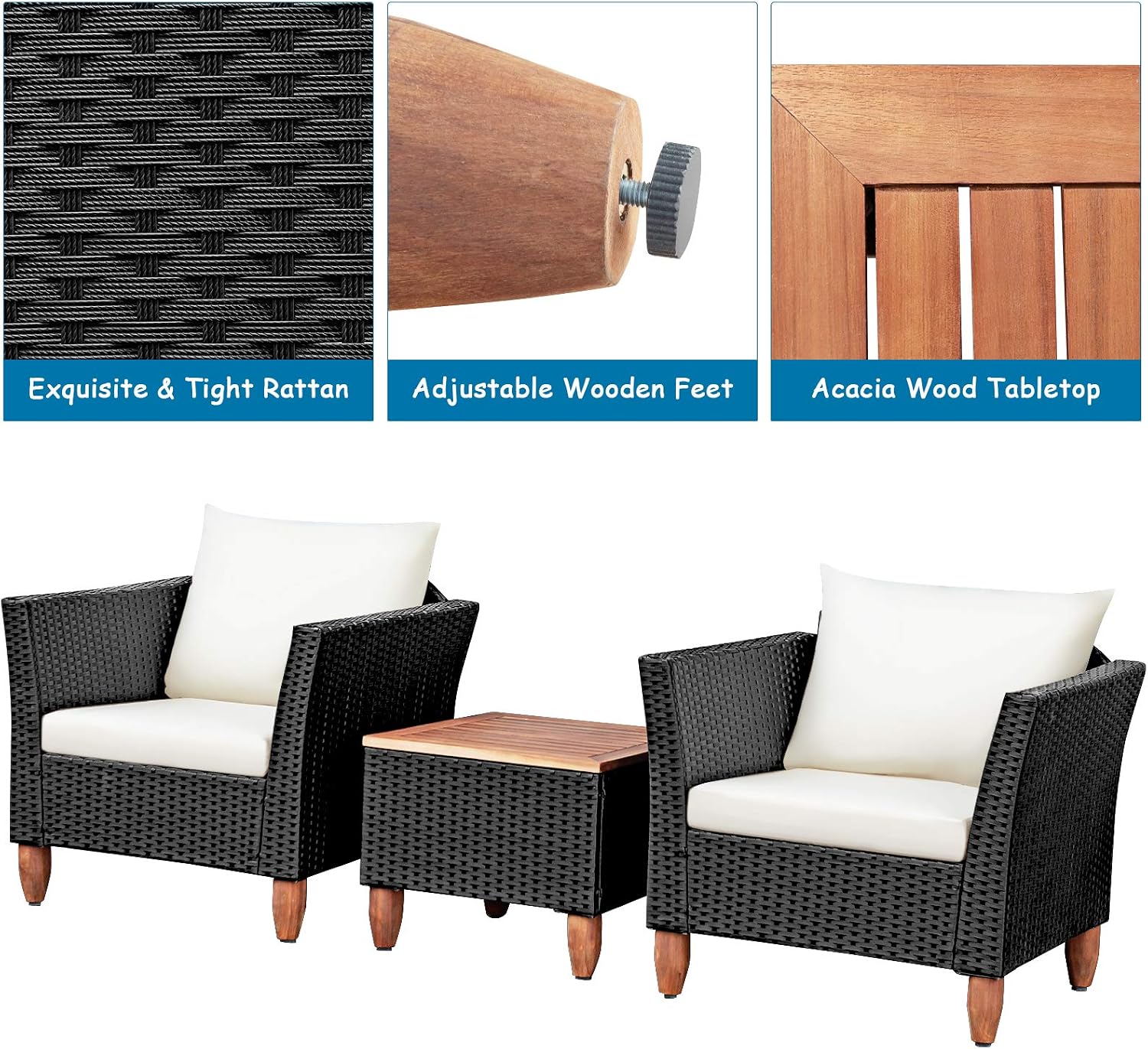 COSTWAY 3 Pieces Patio Rattan Furniture Set, Outdoor Wicker Conversation Chairs Set with Acacia Wood Coffee Table & Washable Cushion, Porch Furniture Bistro Set for Balcony, Garden, Backyard, White
