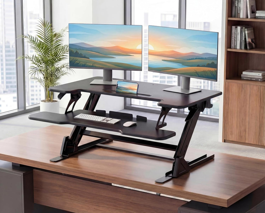 HUANUO 32' Z Shaped Stable Standing Desk Converter, Height Adjustable Sit Stand Up Desk Riser, Dual Monitor and Laptop Workstation with Wide Keyboard Tray, Desk Lifter for Home Office