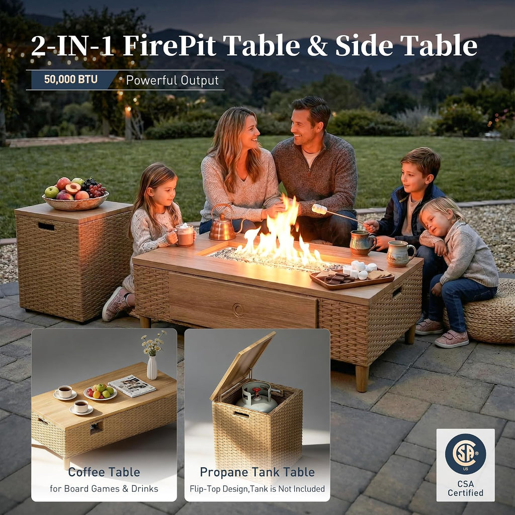 SUNSHINE VALLEY Patio Furniture Set, Sectional Outdoor Conversation Sets with Fire Pit & 10' Thick Cushions, 5 Pieces L Shaped Modular Yellow Rattan Wicker Sofa, Low Profile Lawn Garden Couch Set