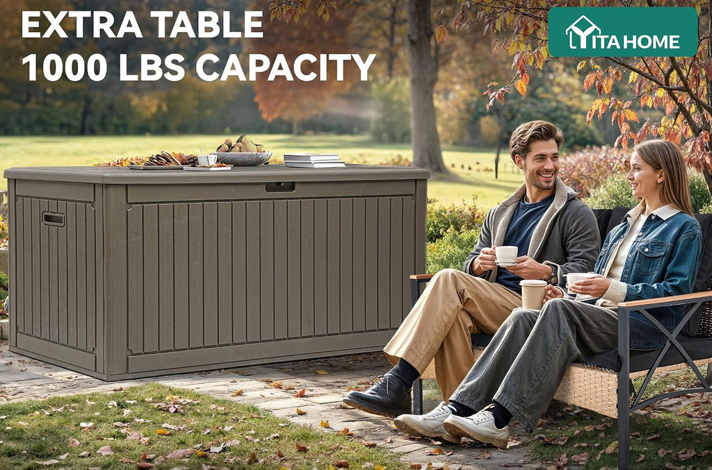 YITAHOME 320 Gallon Large Deck Box with Divider & Side Handles, Outdoor Double-Wall Storage for Patio Furniture Cushions, Garden Pool Accessories, Waterproof & Lockable