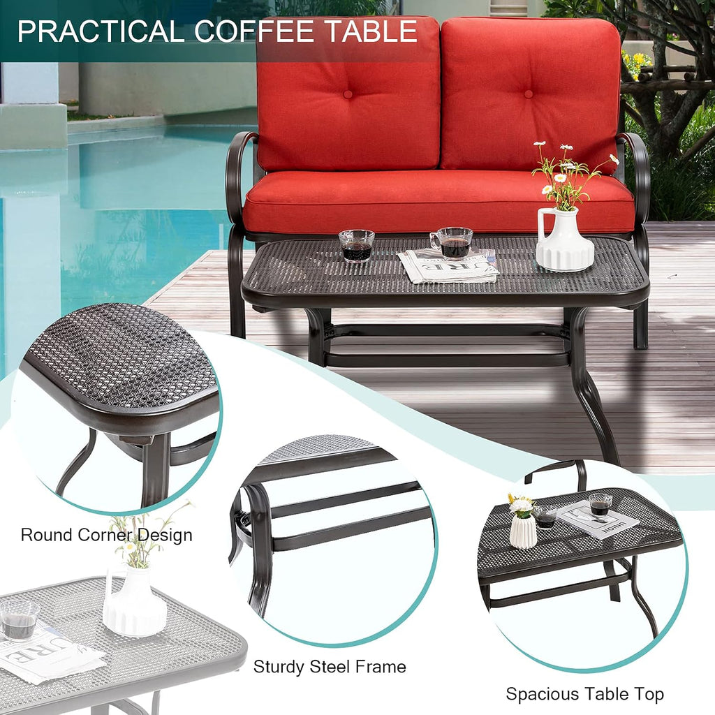Giantex Patio Loveseat with Coffee Table Outdoor Bench with Cushion and Metal Frame, Loveseat Porch Furniture Set Sofa for Garden, Yard, Patio or Poolside (Red & Black)