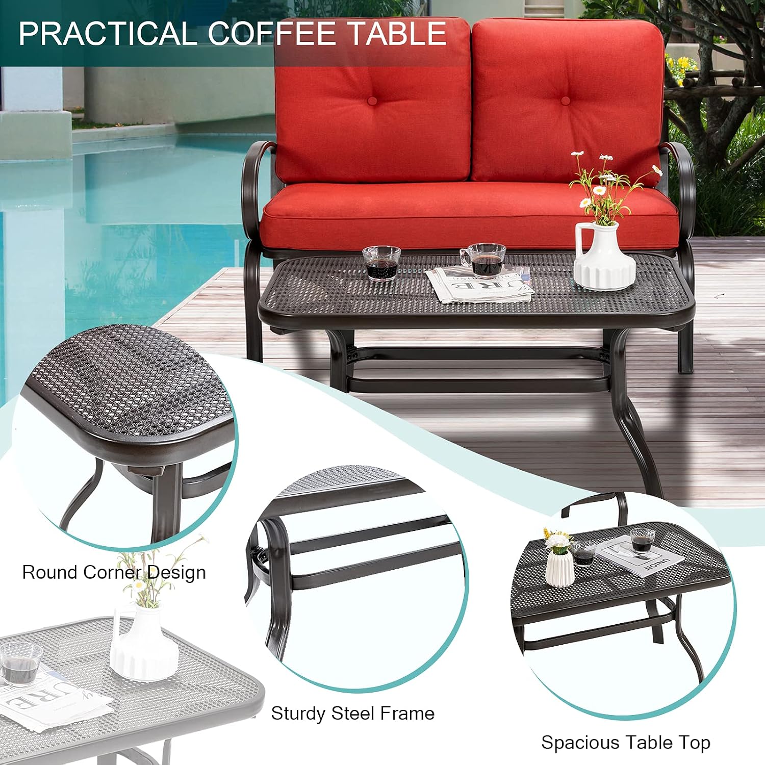 Giantex Patio Loveseat with Coffee Table Outdoor Bench with Cushion and Metal Frame, Loveseat Porch Furniture Set Sofa for Garden, Yard, Patio or Poolside (Red & Black)