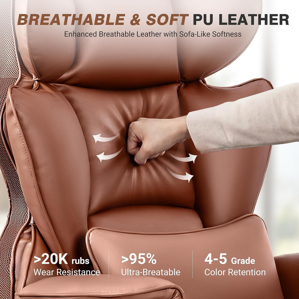 ALLGOD Office Chair Comfy, Big and Tall Executive Leather Chair, High Back Ergonomic Wide Chair with Footrest, Reclining Computer Desk Chair, Heavy Duty Gaming Chair with Padded Arm and Pillow, Brown