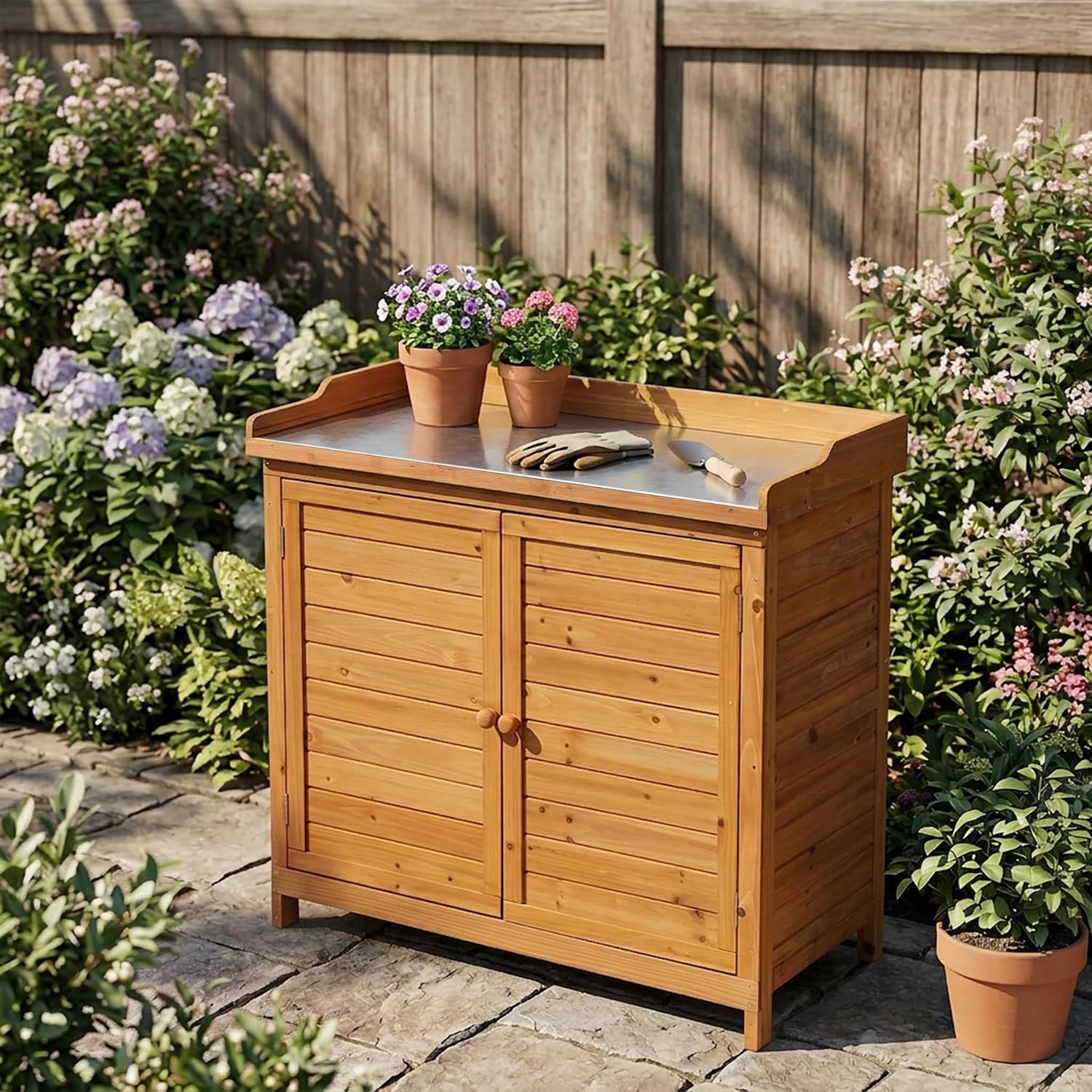 Outdoor Garden Patio Wooden Storage Cabinet Furniture Waterproof Tool Shed with Potting Benches Outdoor Work Station Table (Natural)