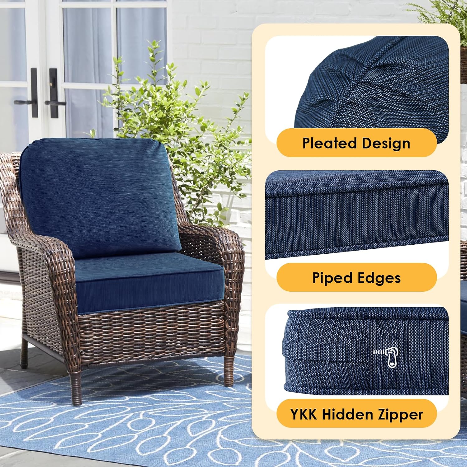 Outdoor Cushions for Patio Furniture Set of 2, 24'x24' Water Repellent Chair Cushions Removable Seat Bottom & Back Cushion Covers for Chair, Sofa, Couch, Navy