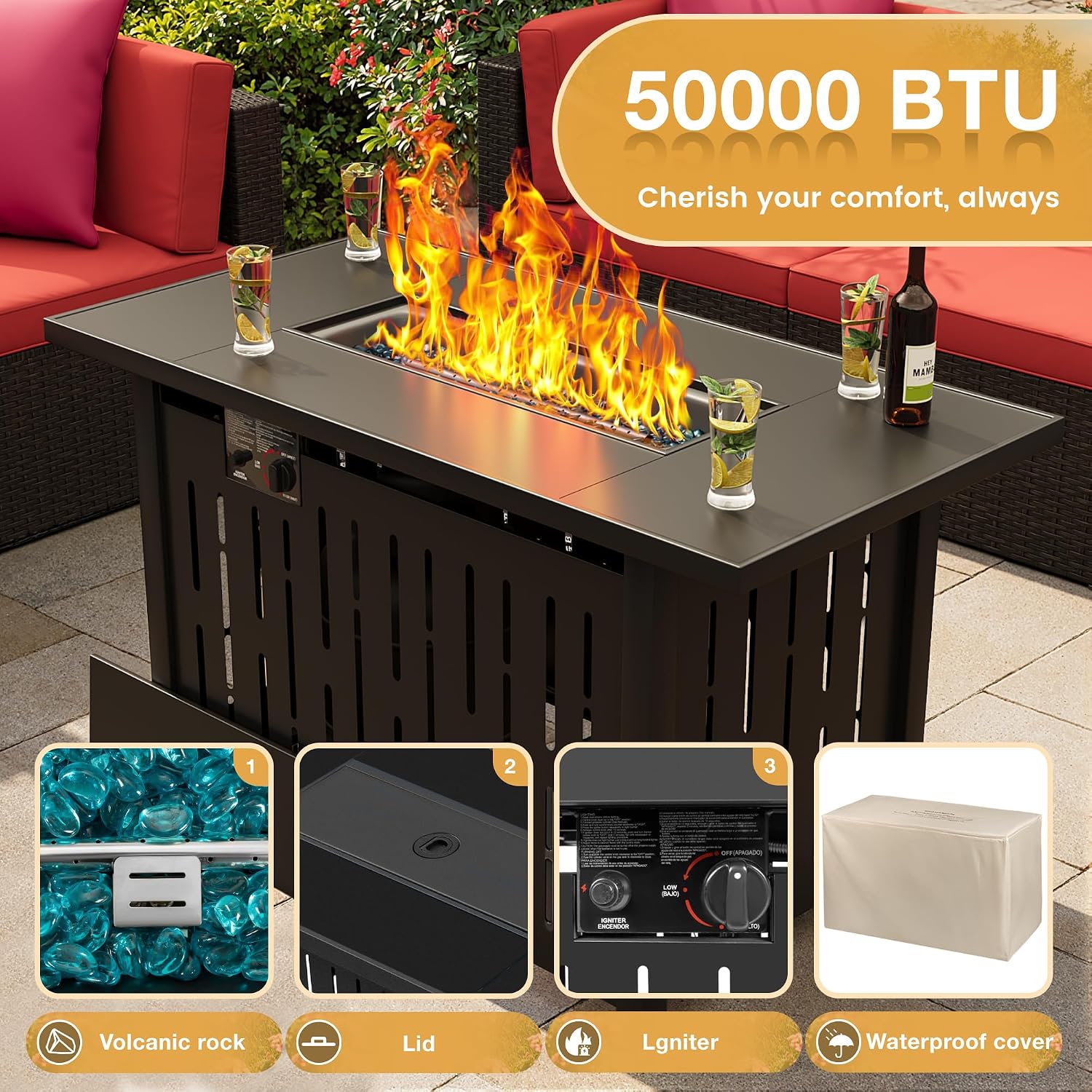 Flamaker 8 Pieces Patio Furniture Set with Fire Pit Table Outdoor Sectional Patio Sofa Furniture Set with Gas Fire Pit and Coffee Table & Ottoman Cushion Pillows, Red