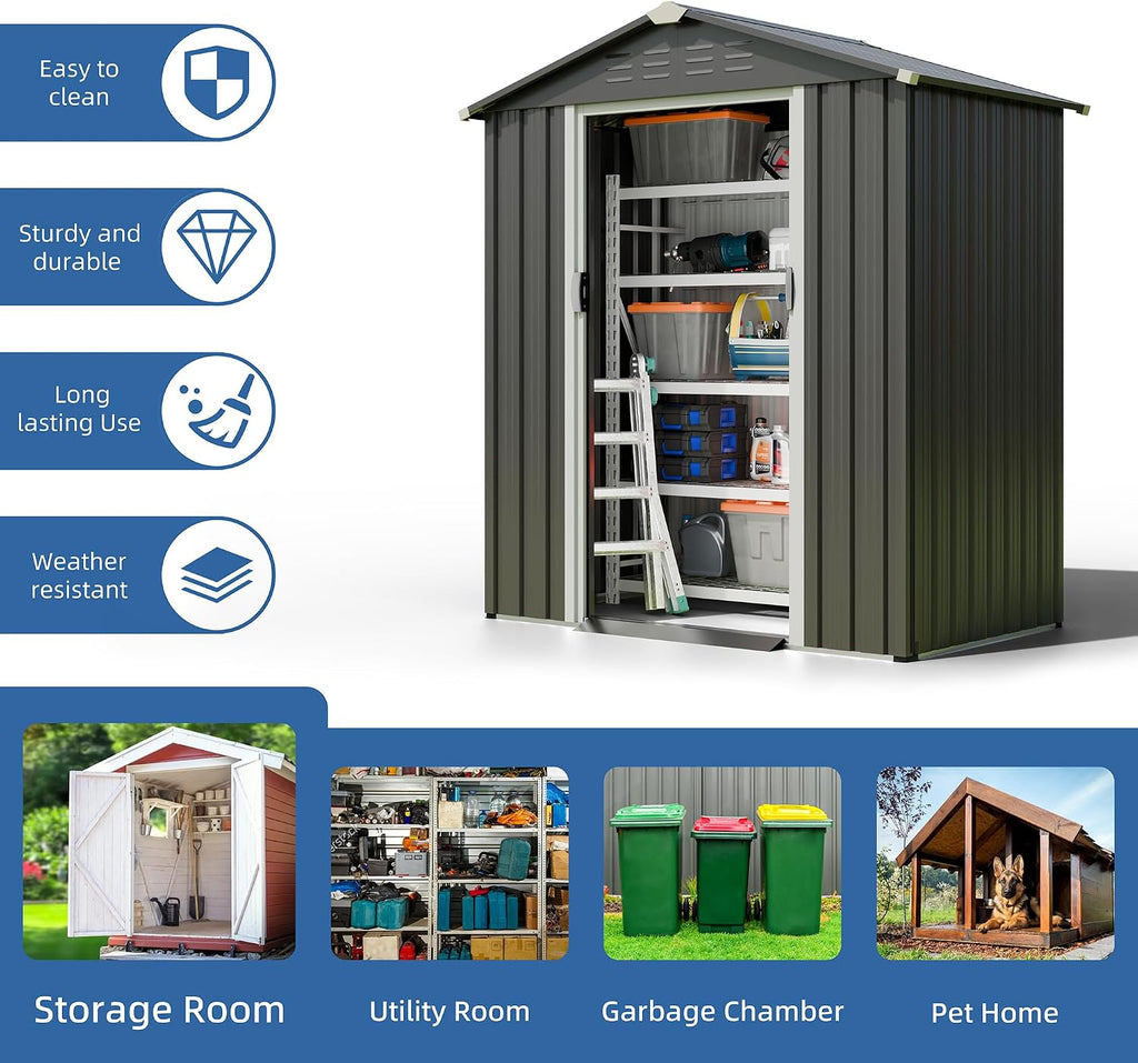 JY QAQA 5x3 FT Metal Outdoor Garden Storage Shed,Waterproof Metal Garden Sheds with Window and Lockable Double Door,Weather Resistant Steel Tool Storage House Shed forPatio,Lawn (Gray)