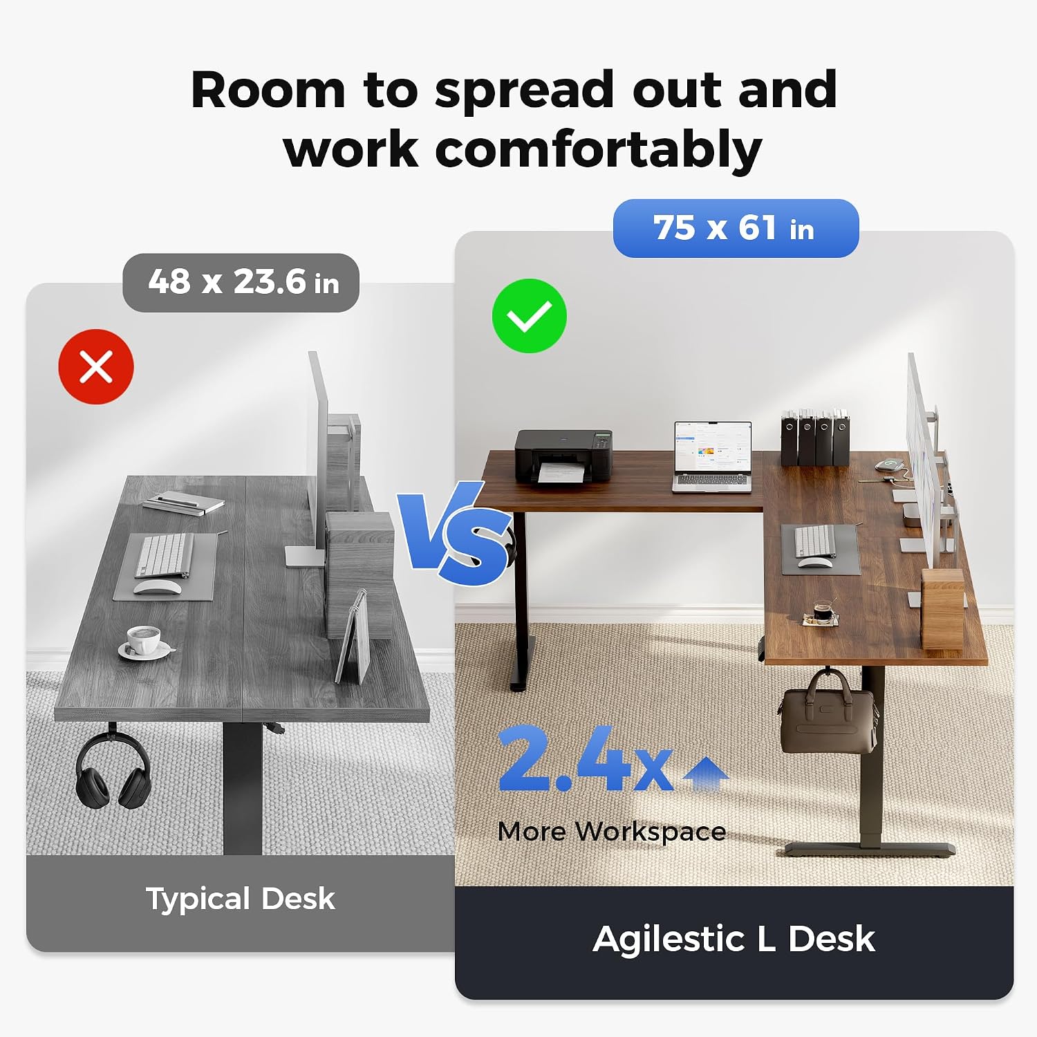 Agilestic Electric L Shaped Standing Desk 75 x 61 Inch with Power Outlet, Height Adjustable Corner Stand up Desk with Cable Management,Sit Stand Home Office Workstation with Splice Board, Dark Walnut