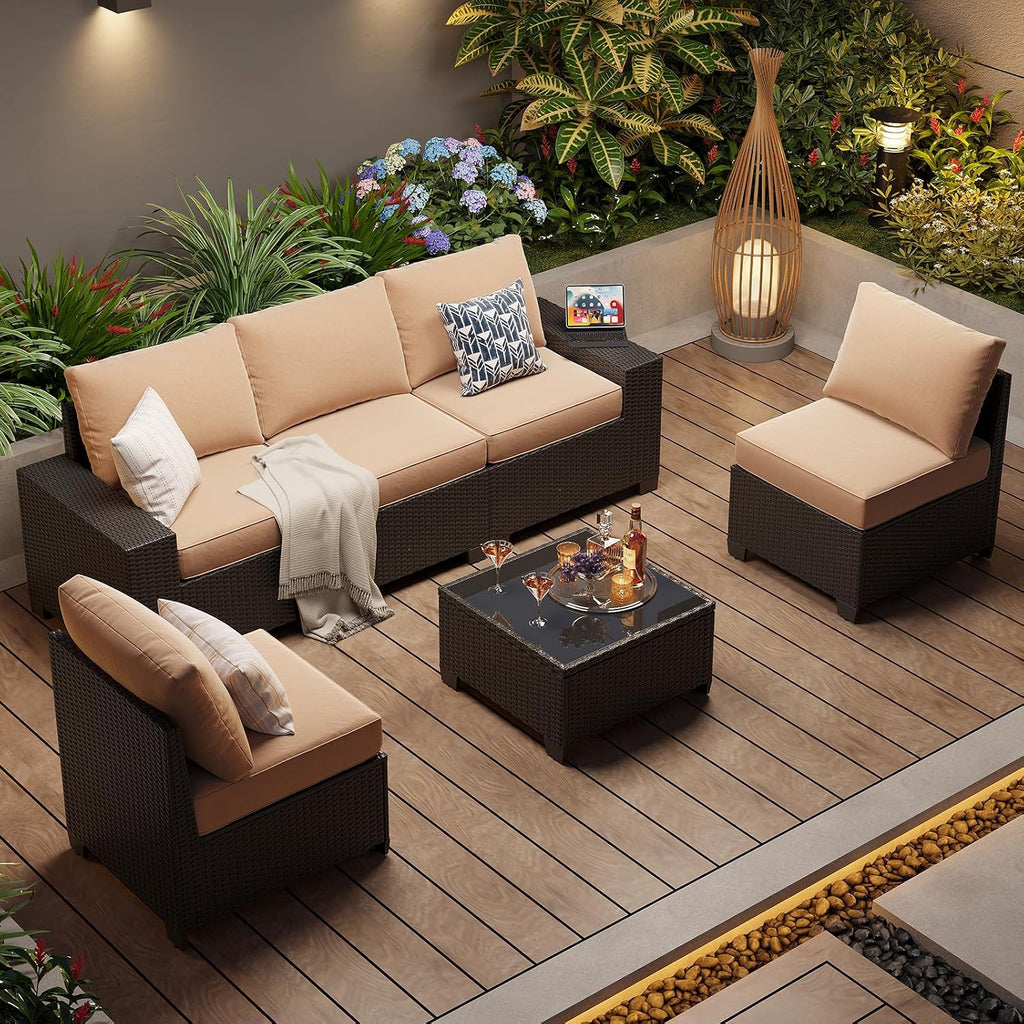Aoxun Patio Furniture Set, 6 Pcs Outdoor Patio Furniture Sets with 4in Thicken Cushion, Widen Armrests Wicker Outdoor Sectional for Backyard