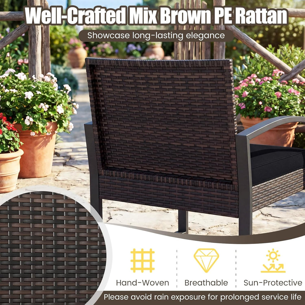 Tangkula 5 Pieces Wicker Patio Conversation Set, Outdoor PE Rattan Chair with Ottoman Set with Glass Side Table, 2-Person Small Balcony Furniture Seating Set with Cushions for Porch, Backyard, Deck
