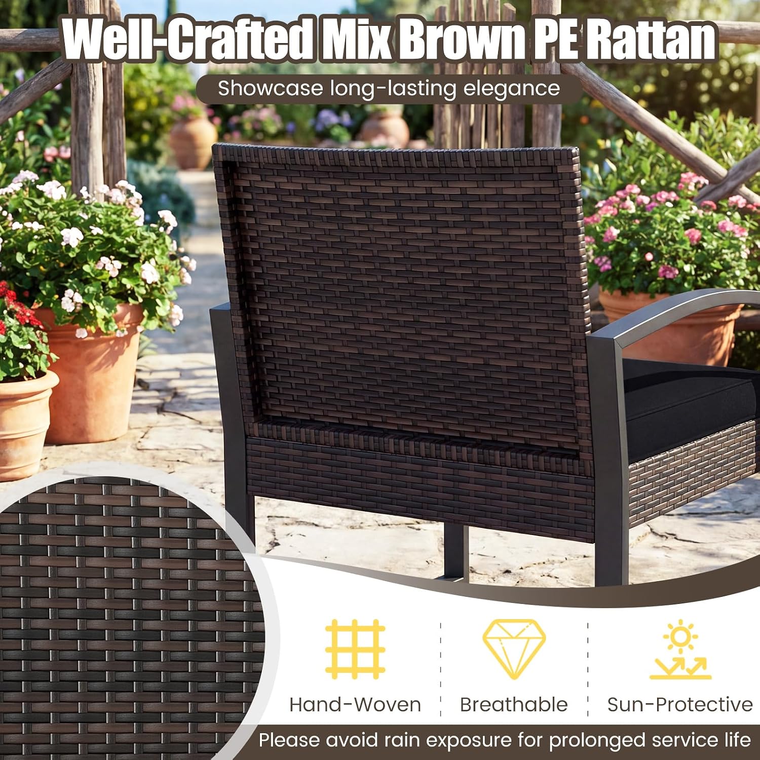 Tangkula 5 Pieces Wicker Patio Conversation Set, Outdoor PE Rattan Chair with Ottoman Set with Glass Side Table, 2-Person Small Balcony Furniture Seating Set with Cushions for Porch, Backyard, Deck