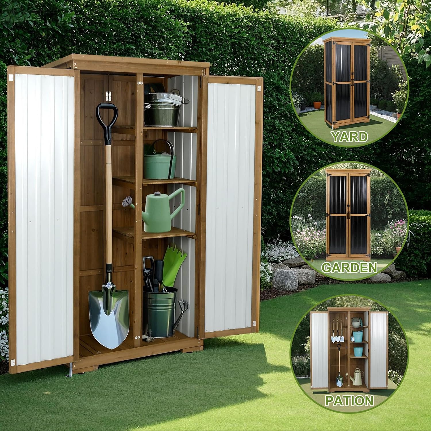 Outdoor Storage Cabinet,Wood & Metal Storage Shed with Adjustable Shelves & Lockable Doors,Vertical Outdoor Cabinets for Backyard Patio, Gardening Tools and Accessories,Brown