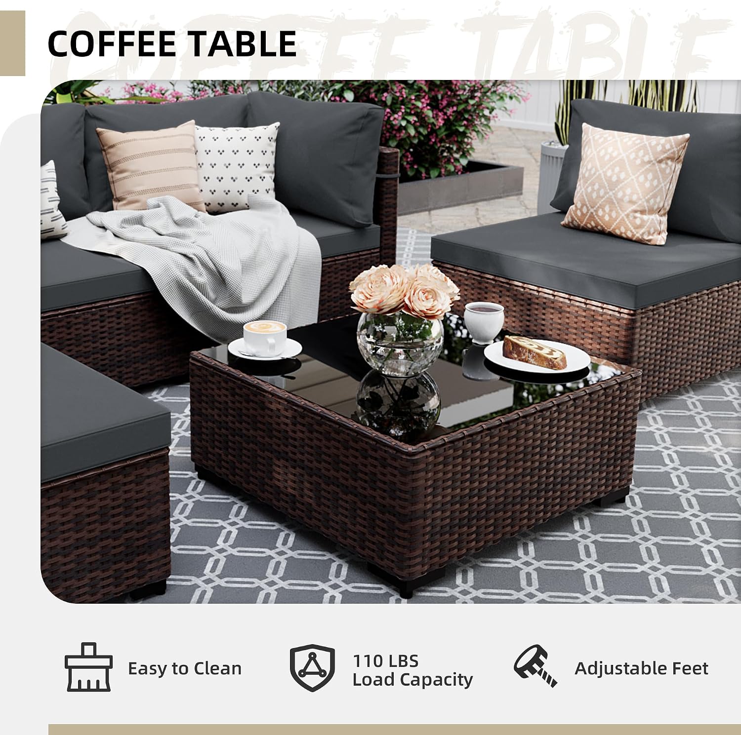 UPHA 5 Pieces Patio Furniture Sets, Wicker Outdoor Sectional Sofa Couch with Coffee Table, Patio Conversation Set for Deck Backyard Garden, Brown Rattan, Dark Gray Cushion