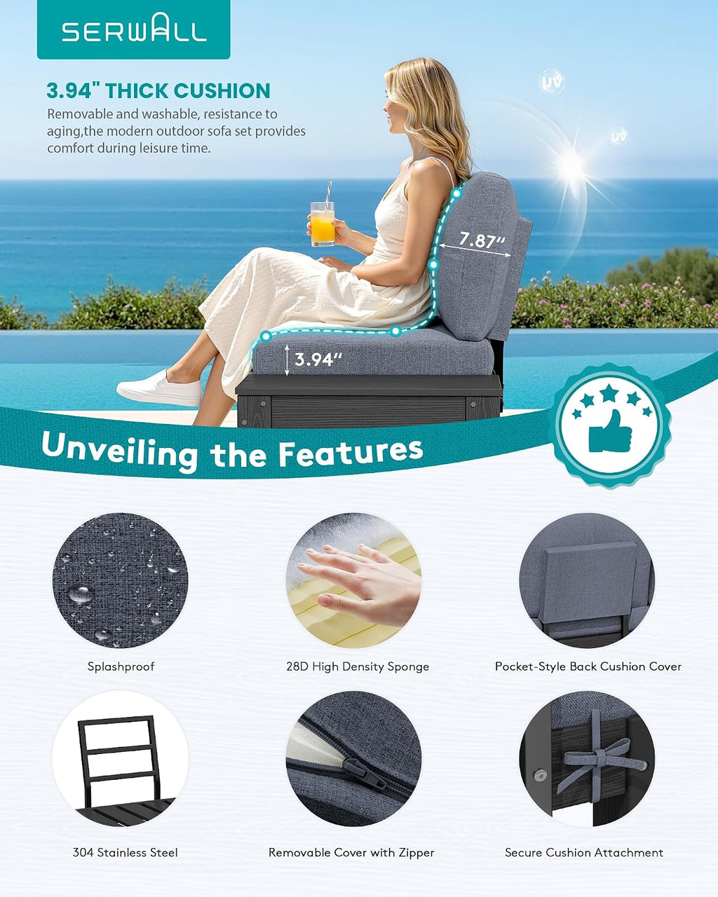 SERWALL HDPE Outdoor Furniture Set, 2 Seats Outdoor Sectional with Coffee Table, All Weather Patio Sofas, Outdoor Conversation Sets with Adjustable Backrest Sofa for Backyard, Garden, Black with Grey