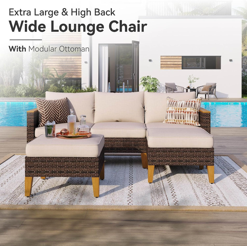 GREEN PARTY 7 Pieces Wicker Patio Furniture Set, All-Weather Outdoor Rattan Patio Sectional Sofa Conversation Set with 4' Thick Cushions for Garden, Backyard, 2 x Ottomans