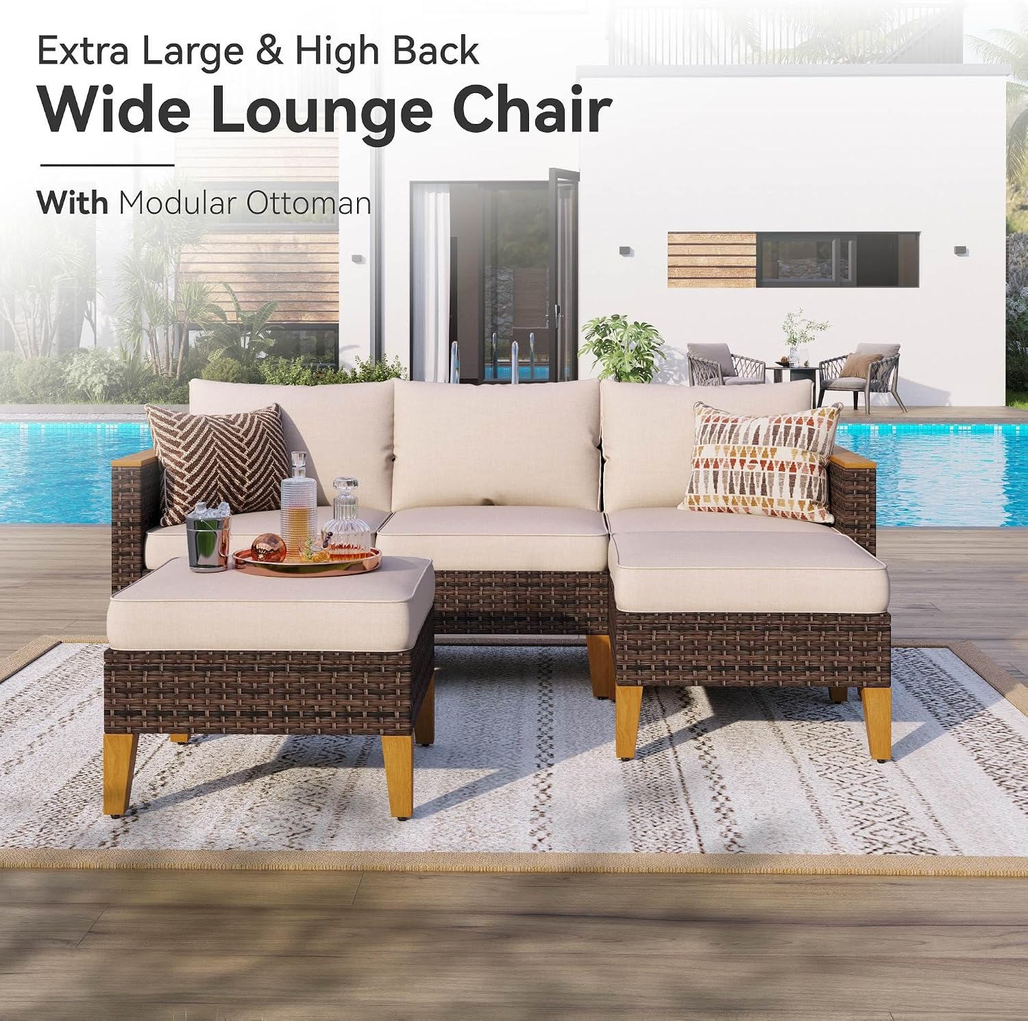 GREEN PARTY 7 Pieces Wicker Patio Furniture Set, All-Weather Outdoor Rattan Patio Sectional Sofa Conversation Set with 4' Thick Cushions for Garden, Backyard, 2 x Ottomans