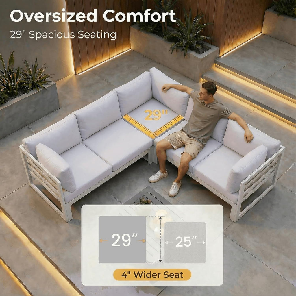 NICESOUL 8 Piece Large Luxury Aluminum Patio Conversation Set, 29' Deep Wide Comfortable Sitting, L Shaped Modular Sectional Couch, 500 lbs Heavy Duty All Weather Outdoor Sofa for Backyard, Light Gray