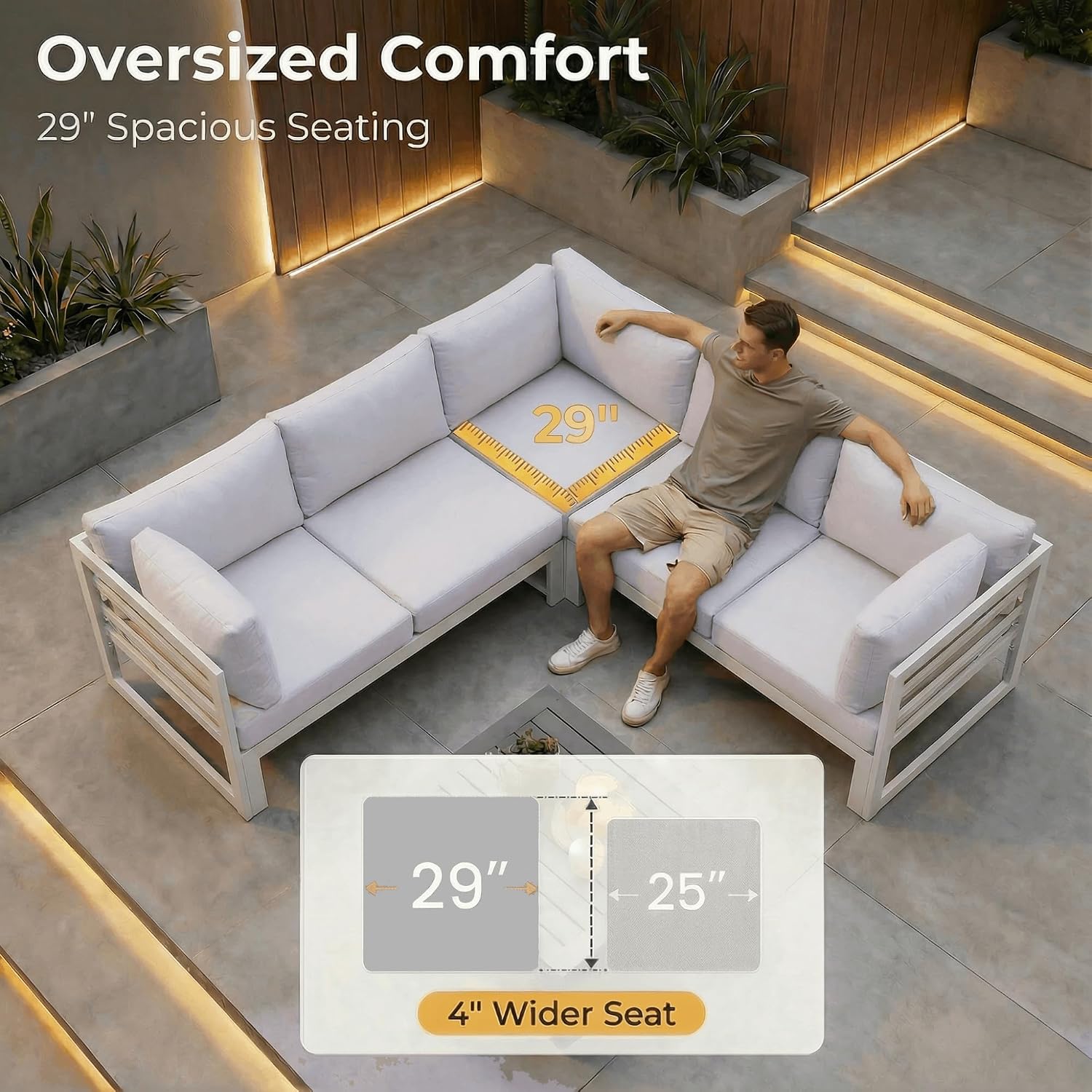 NICESOUL 7 Piece Oversized Modular Aluminum Outdoor Furniture Set, 29' Deep Wide Sectional Seating, 500 lbs High Weight Capacity Water Resistant Patio Conversation Set for Garden Terrace, Light Gray