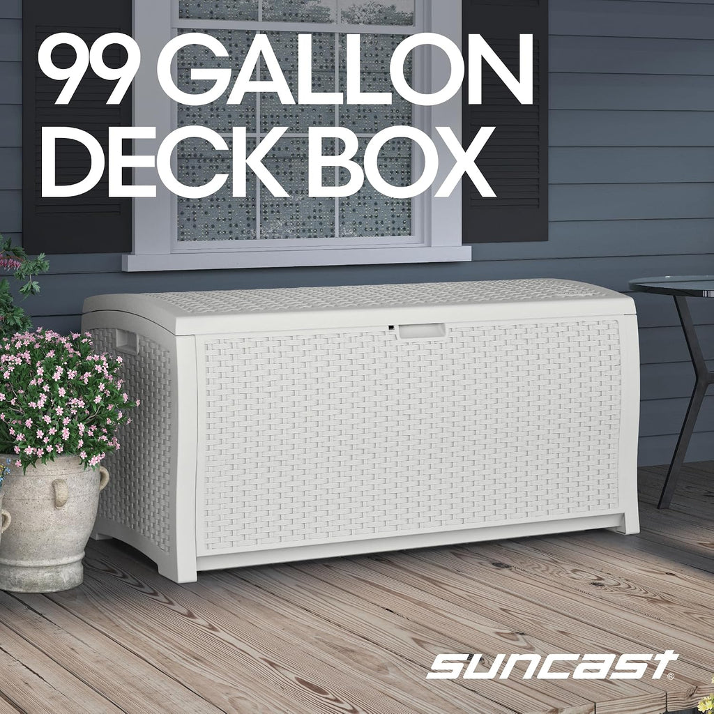 Suncast 99 Gallon Wicker Horizontal Outdoor Deck Box with Hinged Lid, Water-Resistant Storage Solution for Patio, Deck, Yard, and Garage, White, Made in the USA