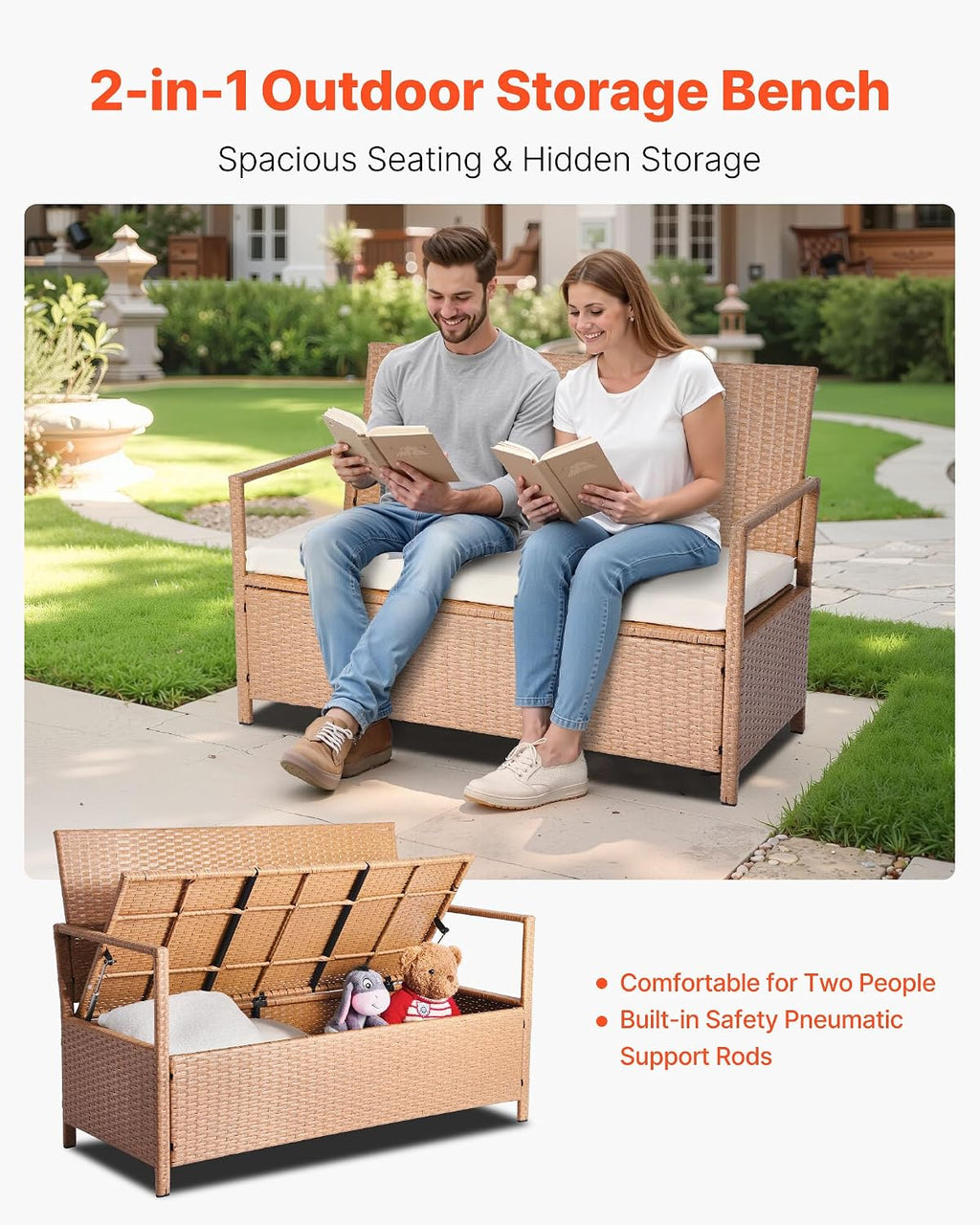 VEVOR Outdoor Storage Bench, 2-Person PE Rattan Storage Bench, 70 Gal Deck Box with Cushion, Supports up to 265 lbs, Outdoor Seating & Porch Decor for Patio Garden Balcony Yard