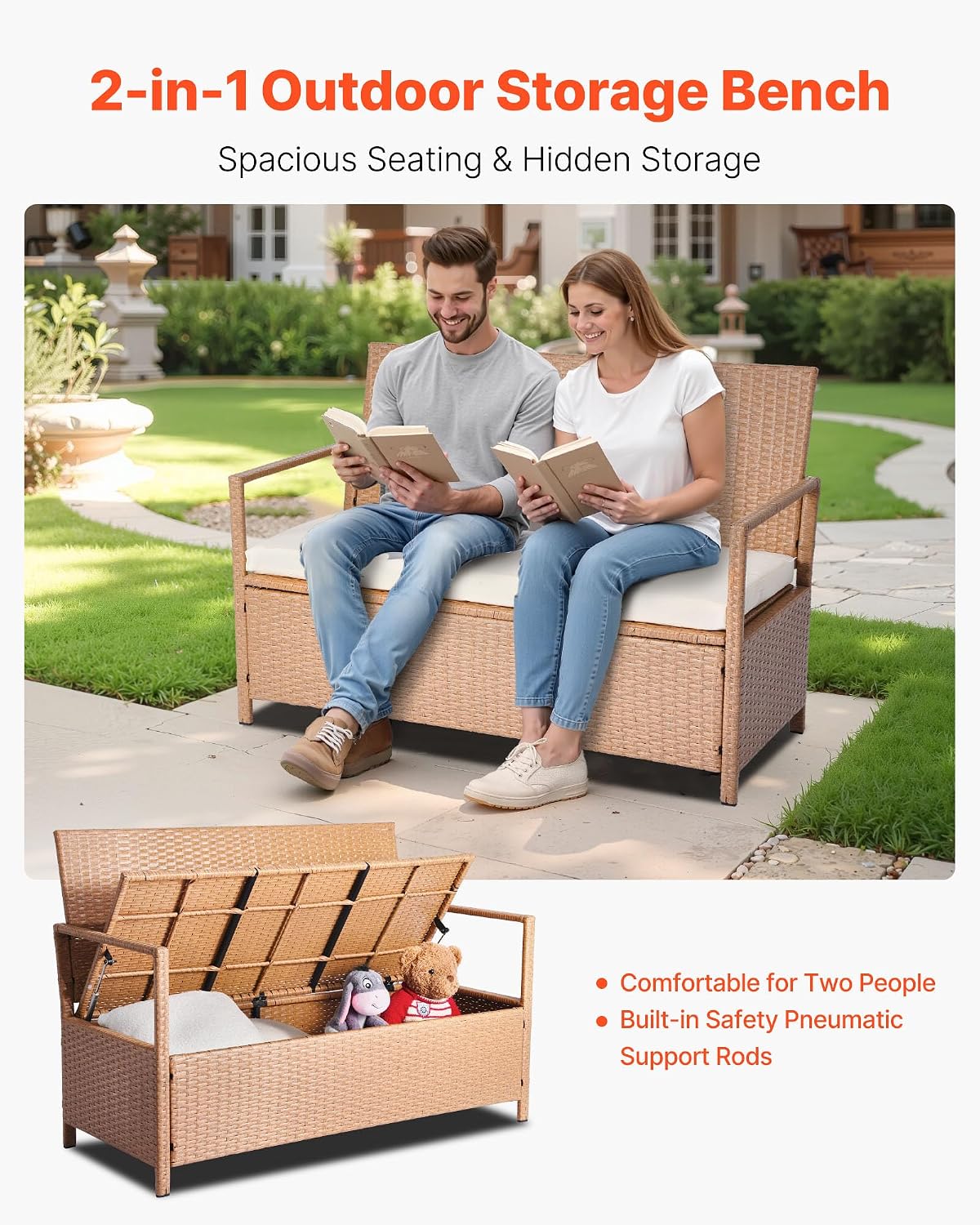 VEVOR Outdoor Storage Bench, 2-Person PE Rattan Storage Bench, 70 Gal Deck Box with Cushion, Supports up to 265 lbs, Outdoor Seating & Porch Decor for Patio Garden Balcony Yard